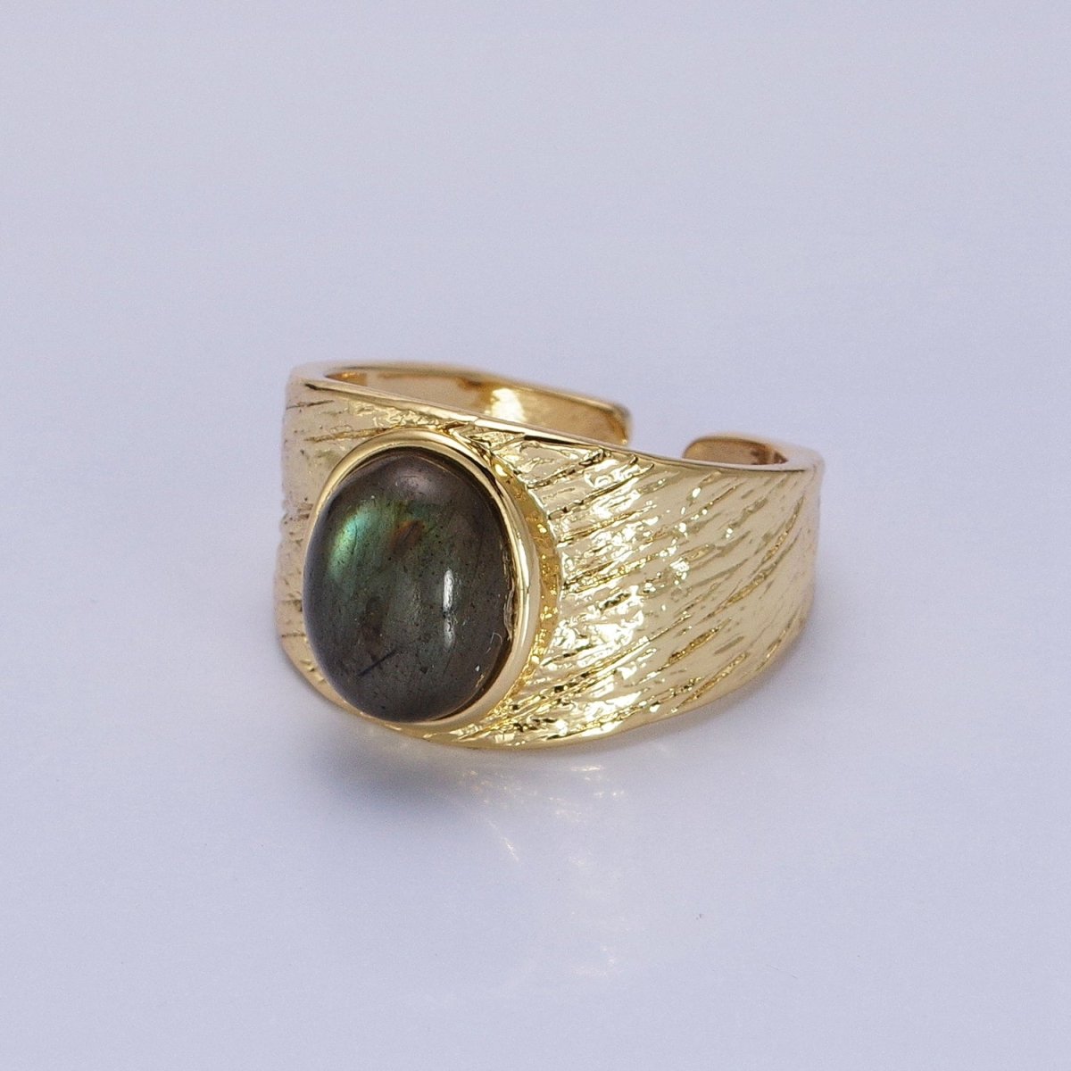 Labradorite, Moonstone Natural Gemstone Oval Line-Textured Gold Band Ring | O-1862~O-1863 - DLUXCA