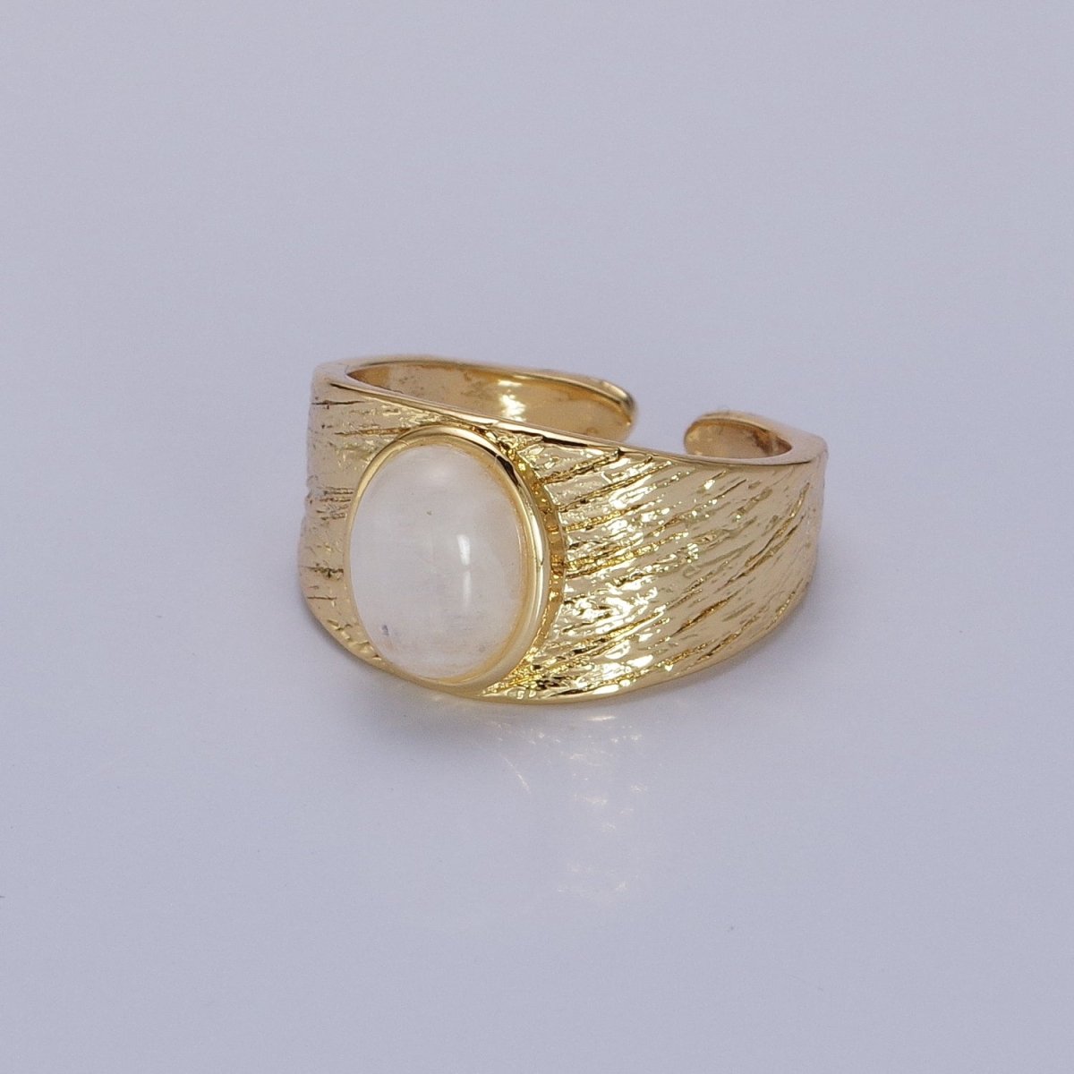 Labradorite, Moonstone Natural Gemstone Oval Line-Textured Gold Band Ring | O-1862~O-1863 - DLUXCA
