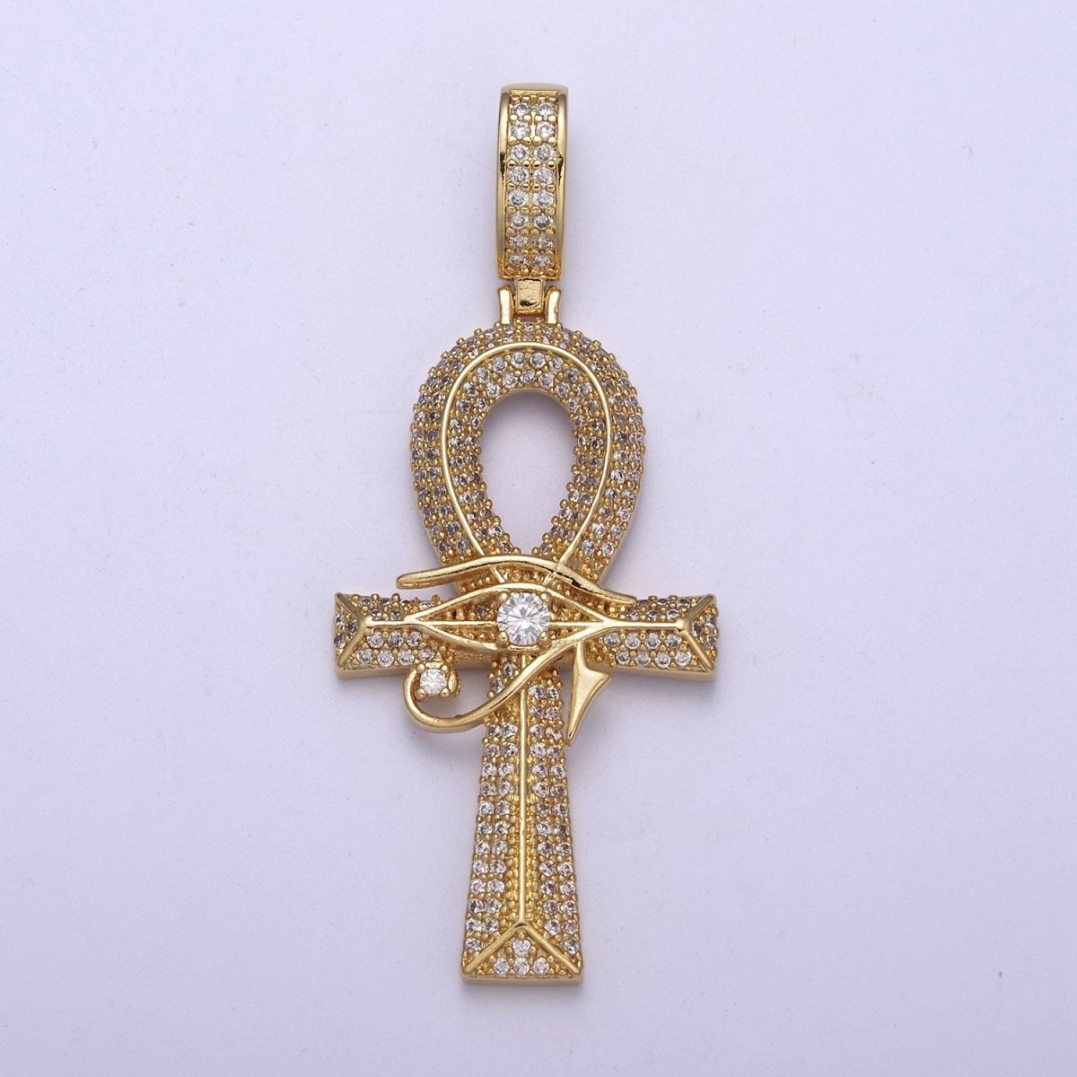 Large Ankh Gold CZ Micro Pave Cross Pendant, Eye Of Ra Cubic Zirconia Charm Micro Pave Jewelry Findings H-326 - DLUXCA