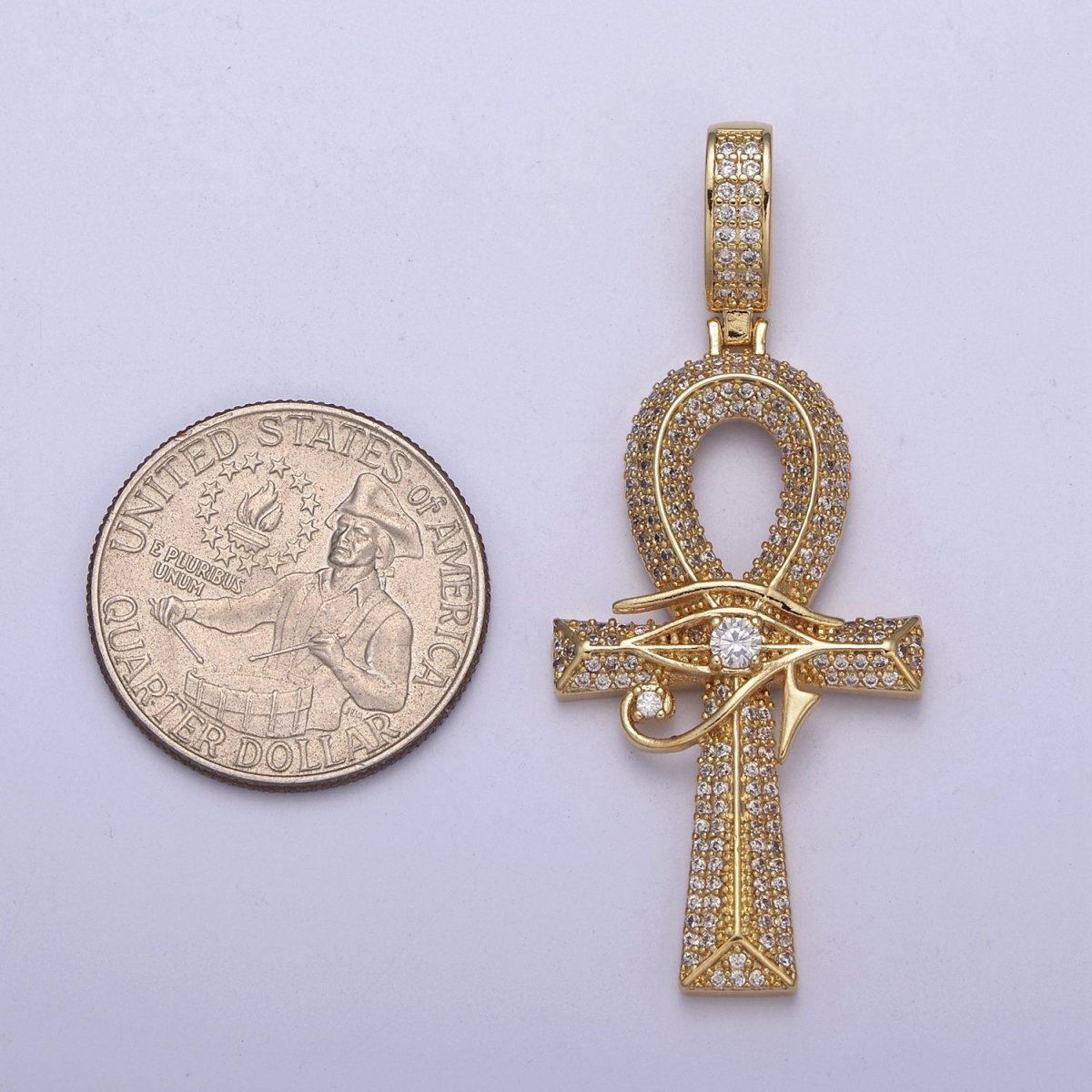 Large Ankh Gold CZ Micro Pave Cross Pendant, Eye Of Ra Cubic Zirconia Charm Micro Pave Jewelry Findings H-326 - DLUXCA