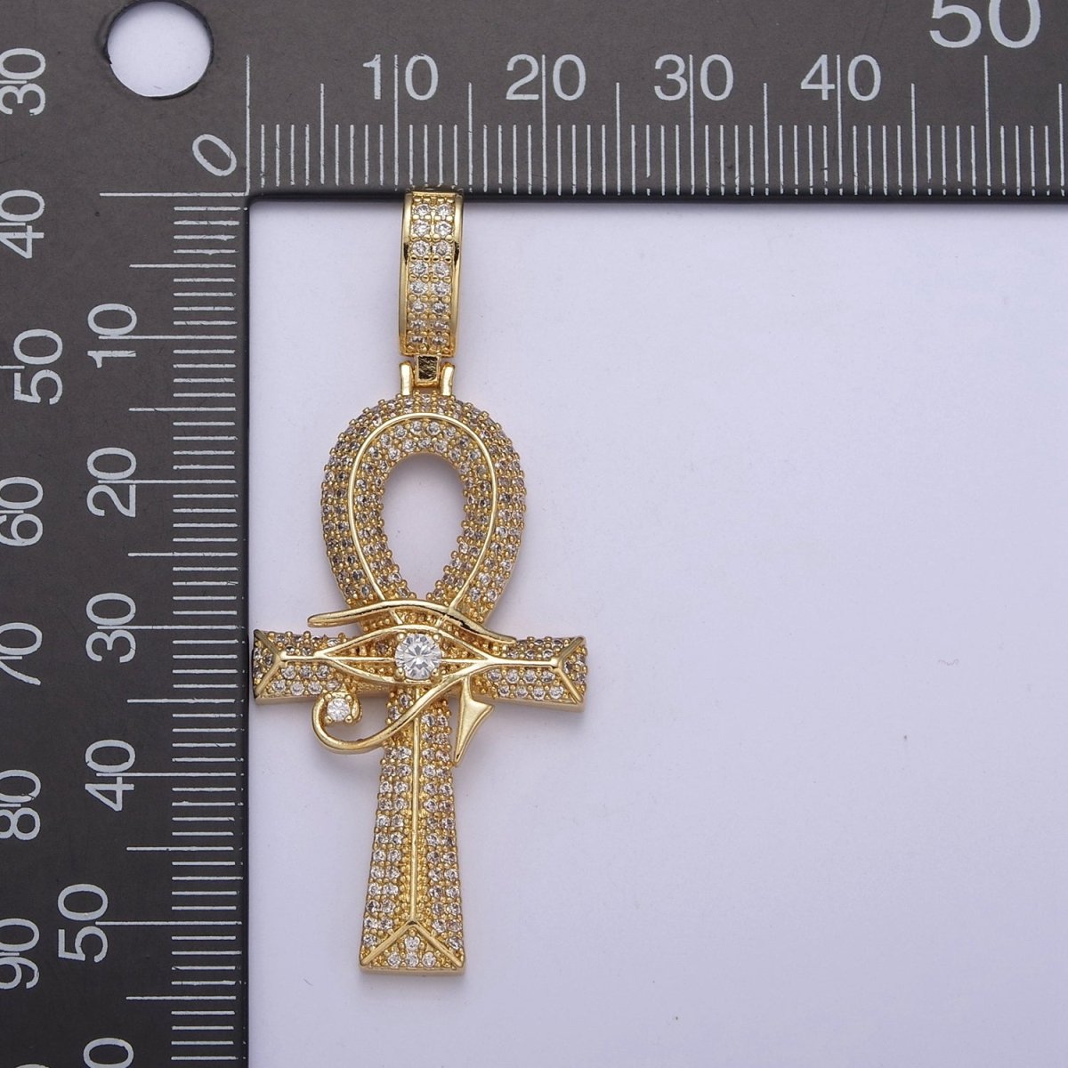 Large Ankh Gold CZ Micro Pave Cross Pendant, Eye Of Ra Cubic Zirconia Charm Micro Pave Jewelry Findings H-326 - DLUXCA