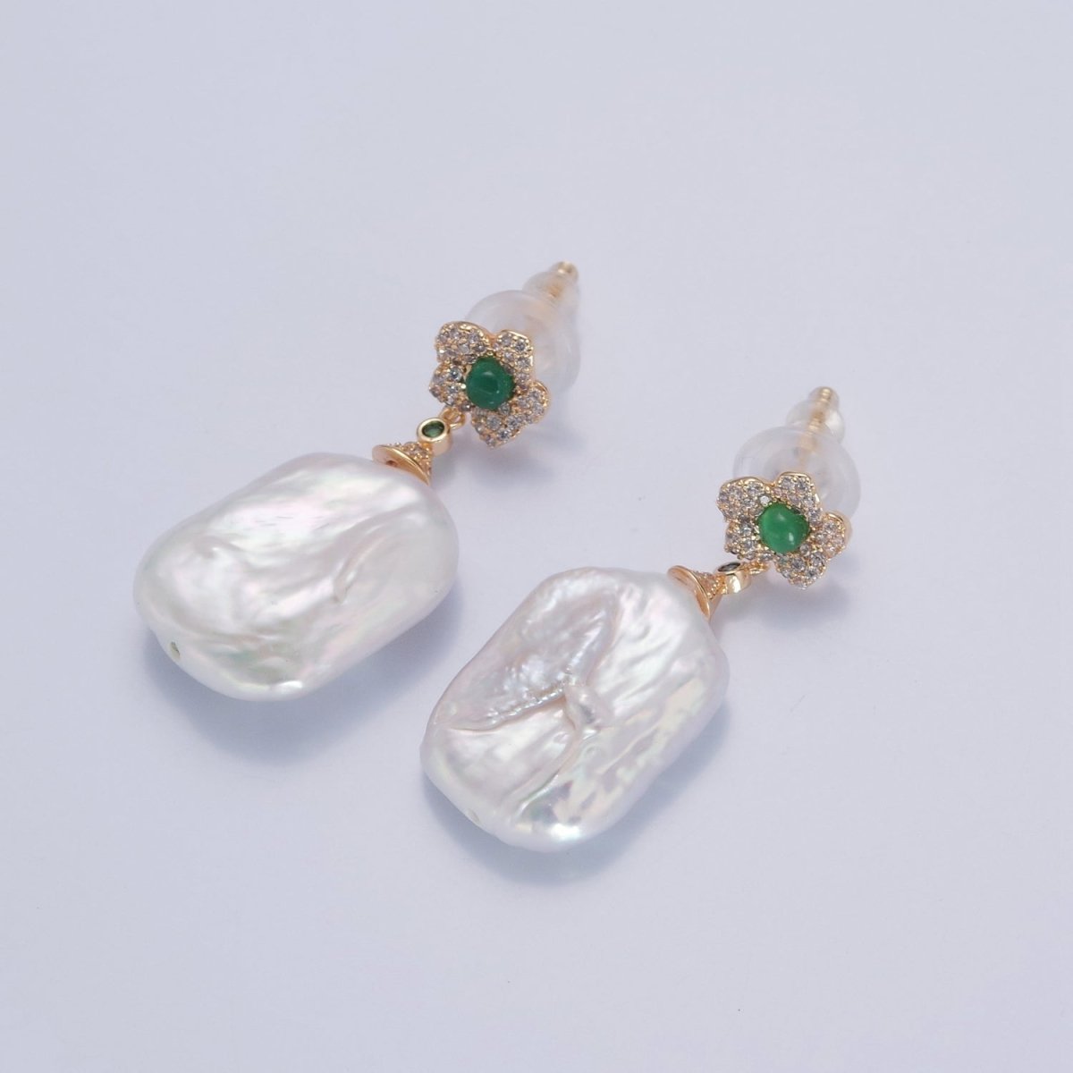 Large Baroque Pearl Stud Earring with Pave Green Flower for Wedding Jewelry T-530 - DLUXCA