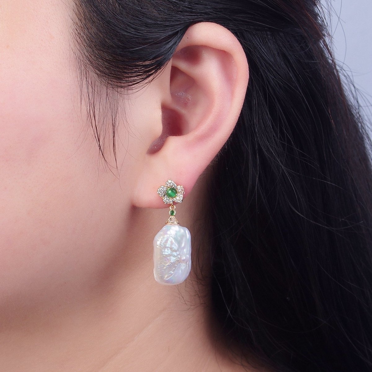 Large Baroque Pearl Stud Earring with Pave Green Flower for Wedding Jewelry T-530 - DLUXCA
