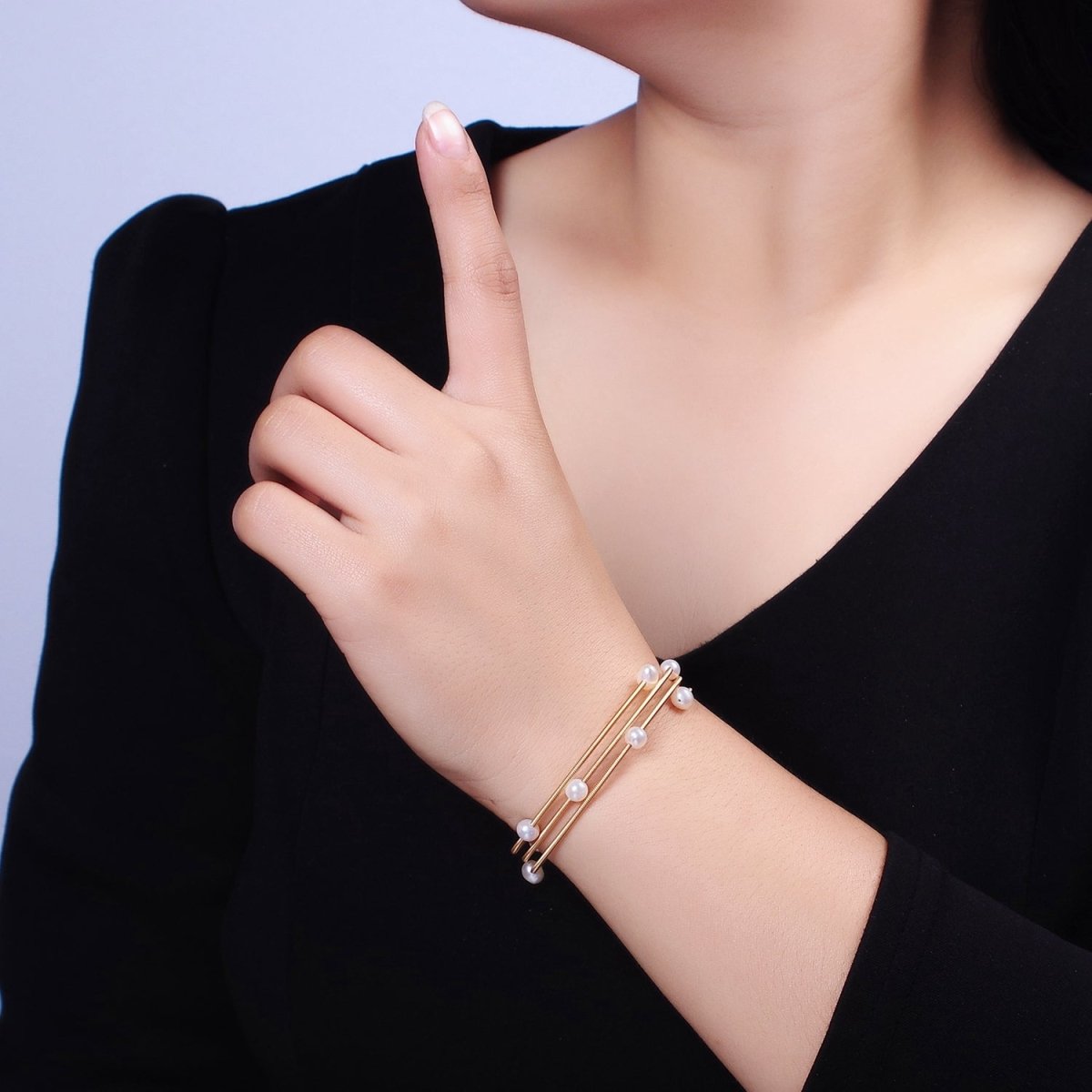 Layer Pearl Cuff Bracelet White Pearls Gold Filled Bangle Textured Bracelet WA1868 - DLUXCA