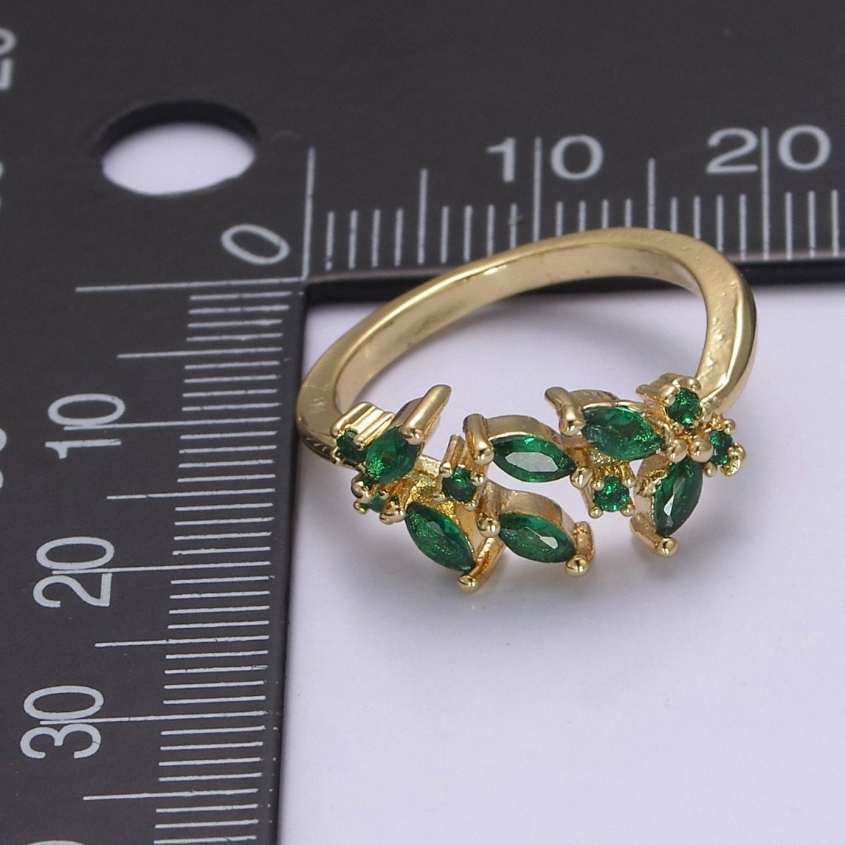 Leaf Green Gold Emerald Style Ring with Cubic Zirconia Nature Ring Dainty Green CZ Adjustable Ring U-028 S-503 - DLUXCA