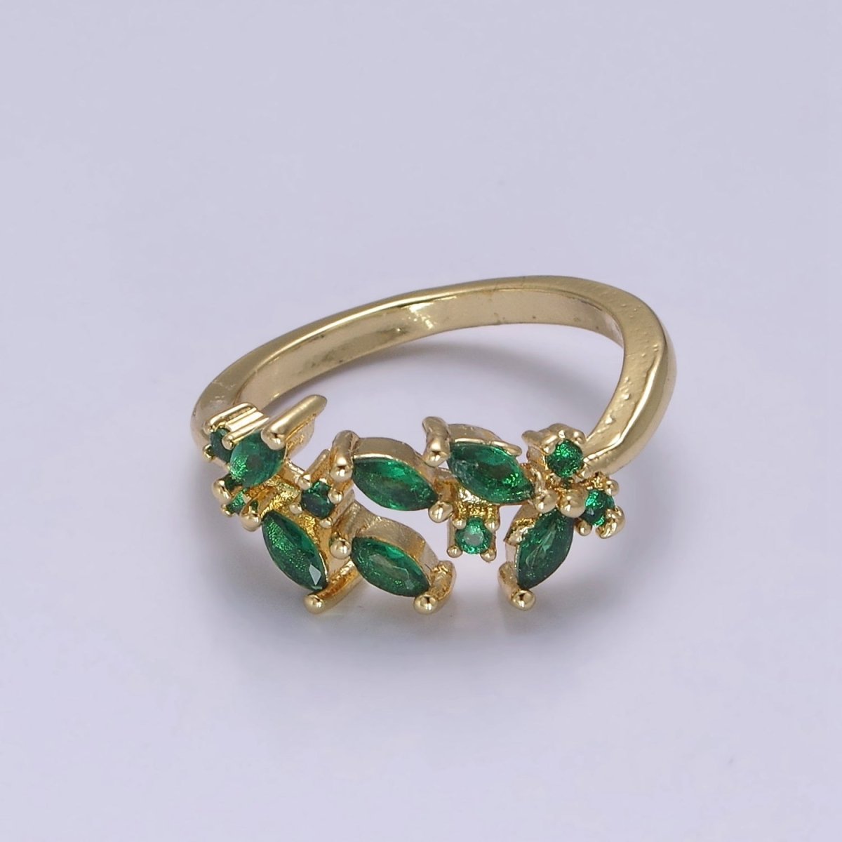 Leaf Green Gold Emerald Style Ring with Cubic Zirconia Nature Ring Dainty Green CZ Adjustable Ring U-028 S-503 - DLUXCA