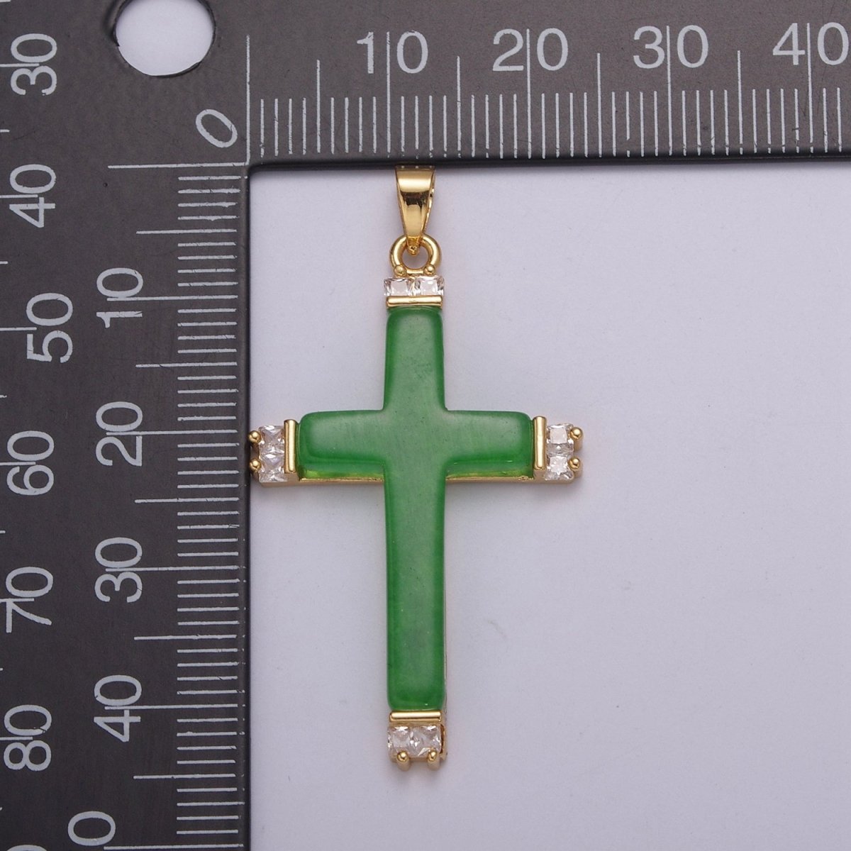 Long Green Jade Cross Pendant for Necklace 24K Gold Filled Cross O-264 - DLUXCA
