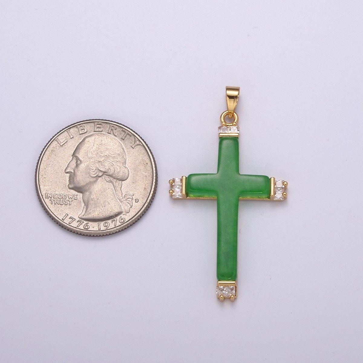 Long Green Jade Cross Pendant for Necklace 24K Gold Filled Cross O-264 - DLUXCA