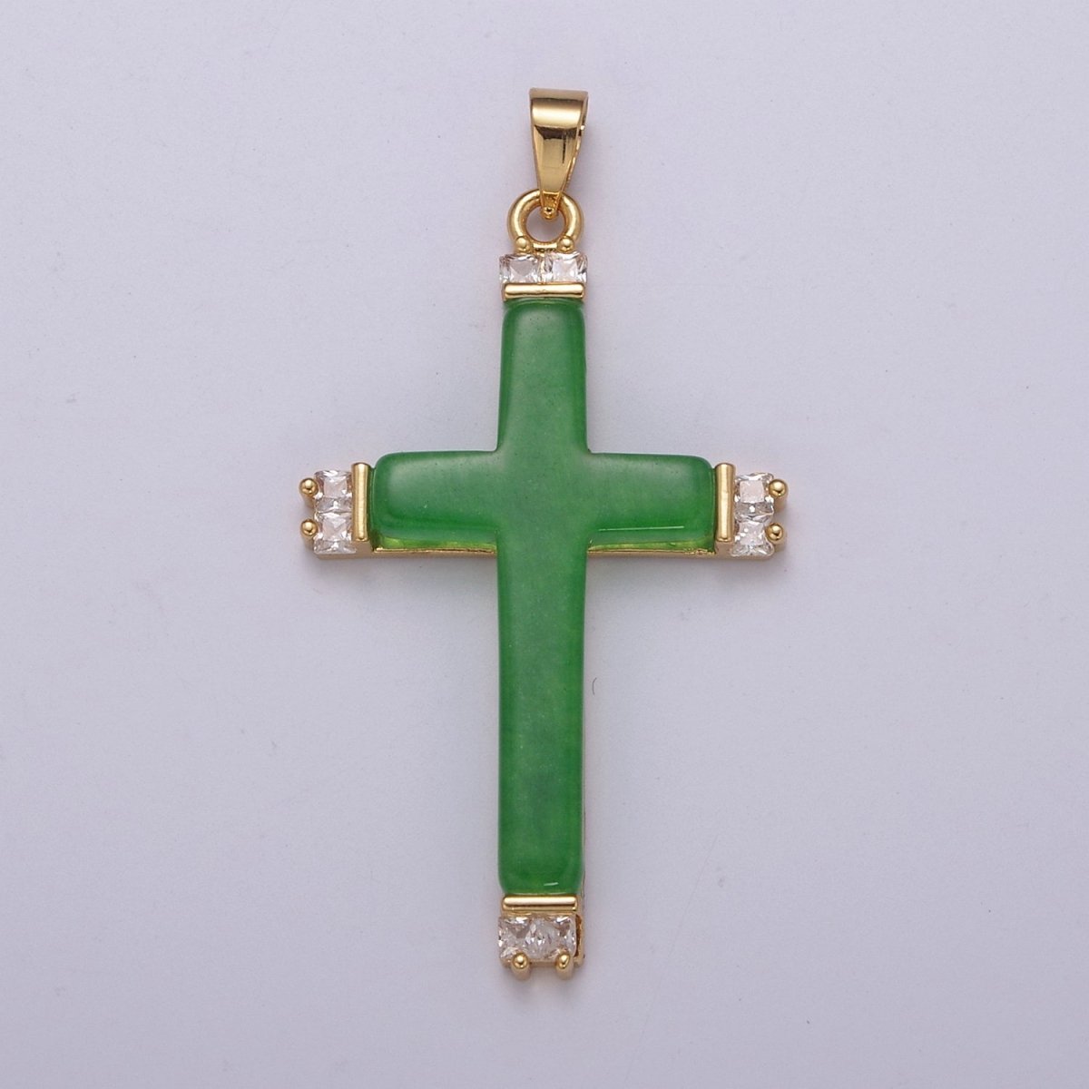 Long Green Jade Cross Pendant for Necklace 24K Gold Filled Cross O-264 - DLUXCA