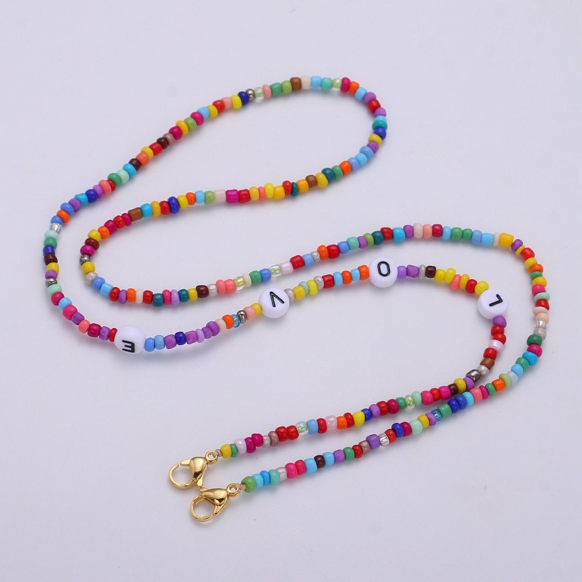 LOVE Face Mask Lanyard, Beaded Mask Necklace, Kids Adult Face Mask Chain, Fun Rainbow Colorful Mask Chain, Gold Mask Holder Chain with Clasp - DLUXCA