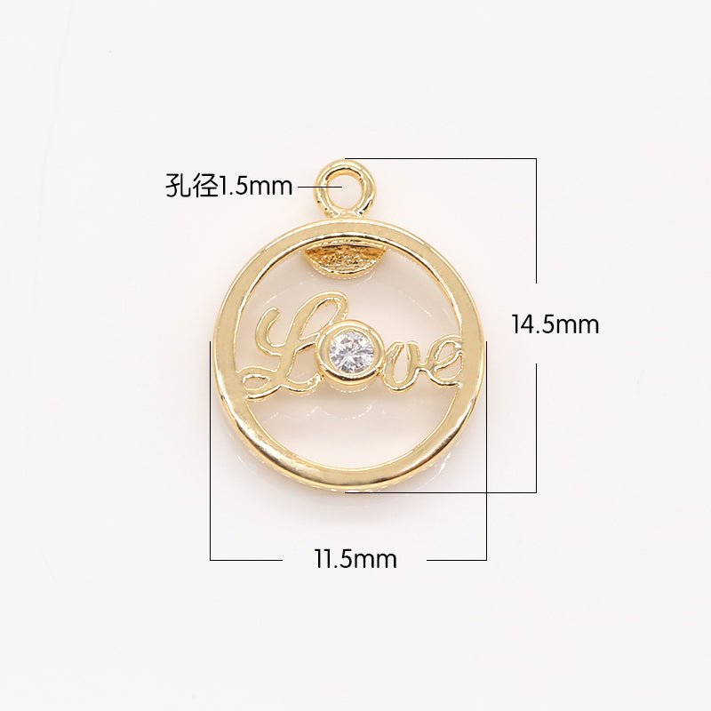 Love Letter in Golden Circle Charm CZ Gold Letter Writings Charm Pendant GP-409 - DLUXCA