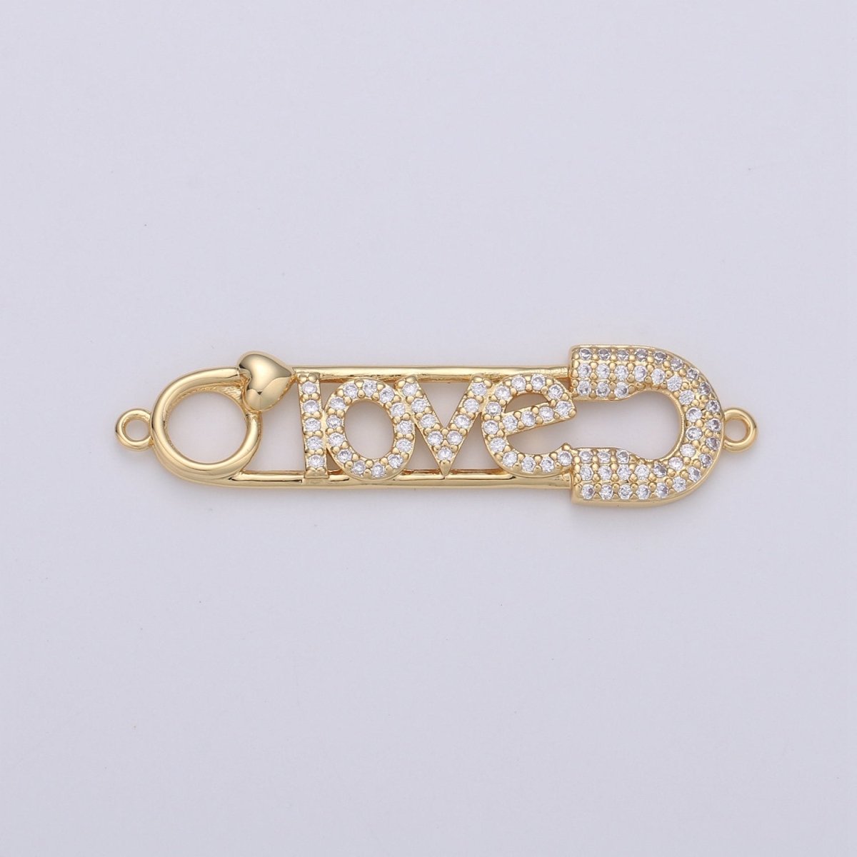 Love Safety Pin Connector , CZ Micro Pave, Gold Safety Pin Bracelet Connector in 24k Gold Filled Charm Connector Cubic Link 40x10mm, D-078 D-079 - DLUXCA