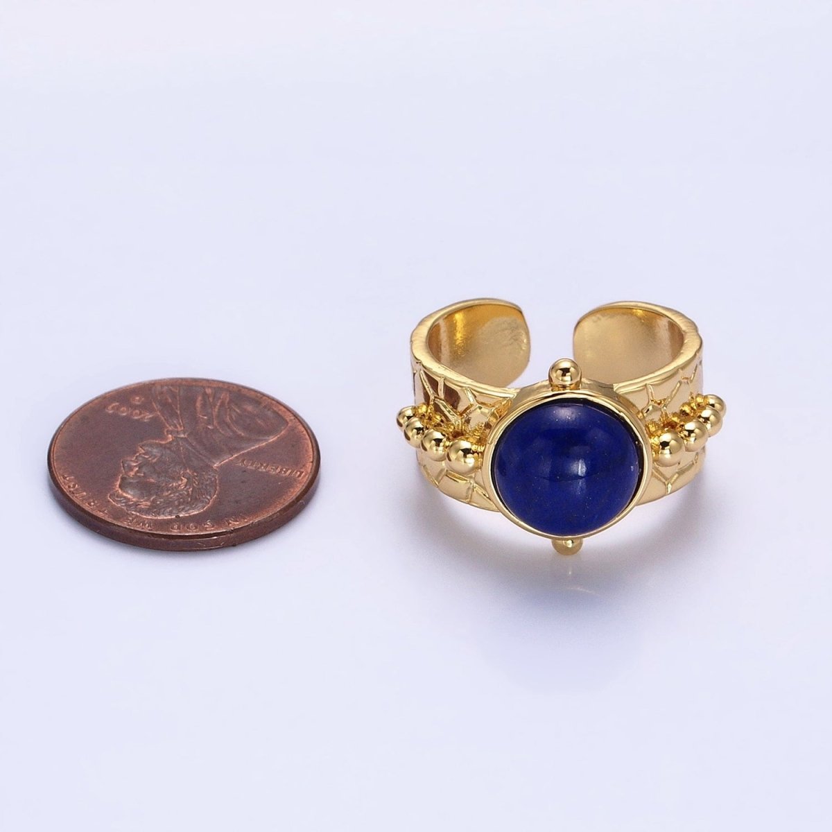 Magnesite, White Opal, Lapis Lazuli Natural Gemstone Beaded Lined Textured Gold Band Ring | O-1859 O-1860 O-1861 - DLUXCA