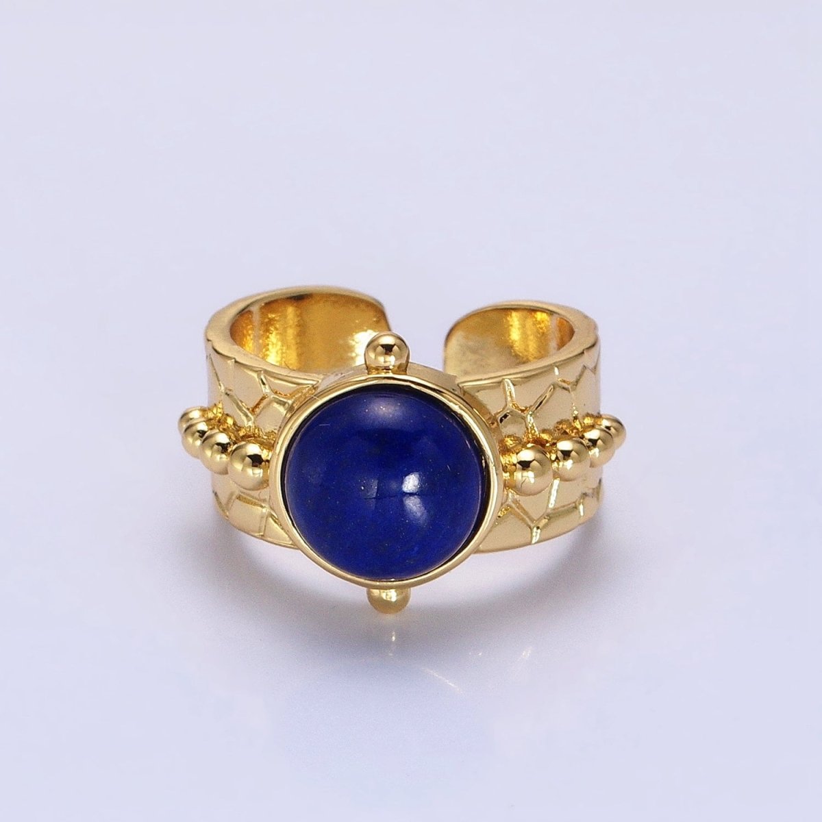 Magnesite, White Opal, Lapis Lazuli Natural Gemstone Beaded Lined Textured Gold Band Ring | O-1859 O-1860 O-1861 - DLUXCA