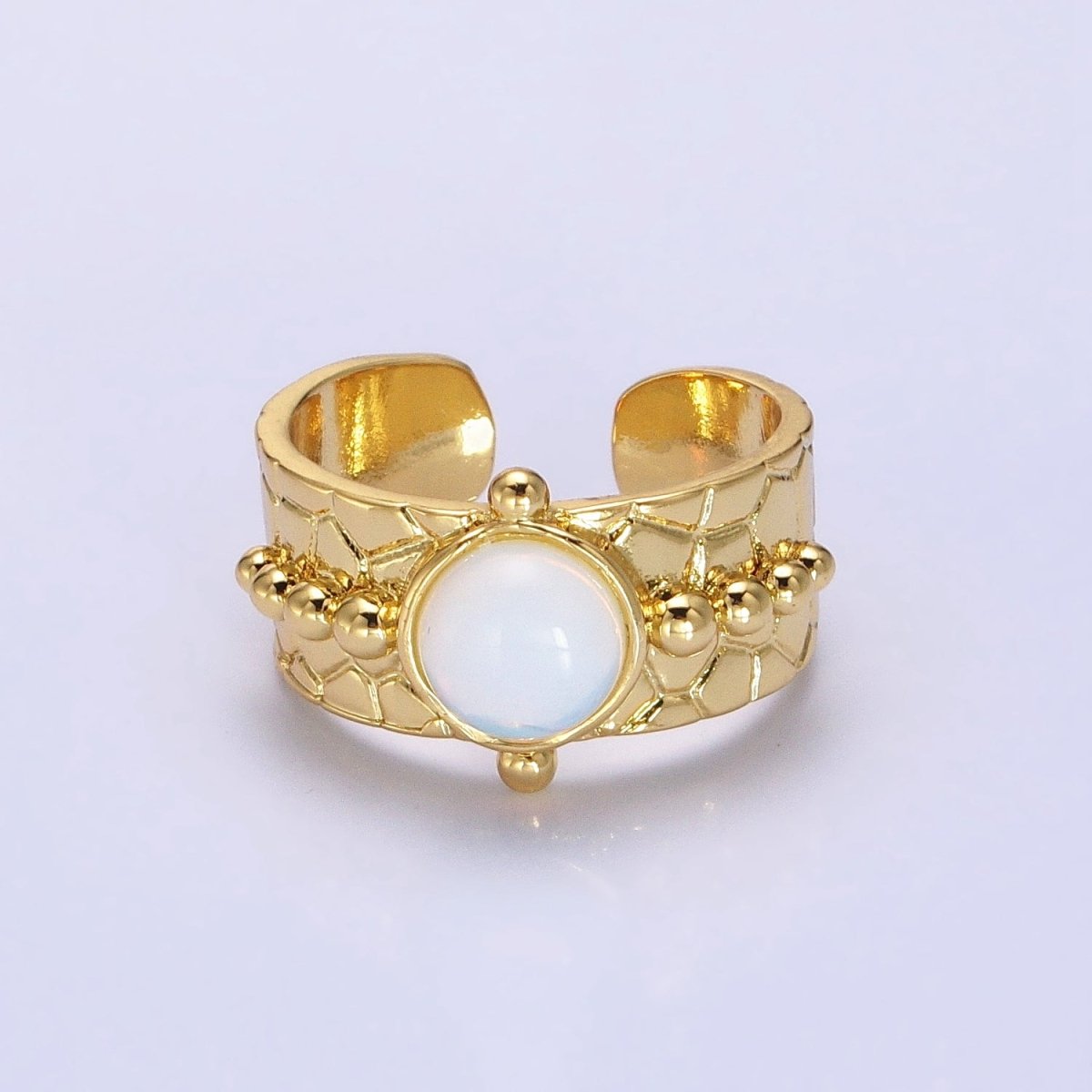 Magnesite, White Opal, Lapis Lazuli Natural Gemstone Beaded Lined Textured Gold Band Ring | O-1859 O-1860 O-1861 - DLUXCA