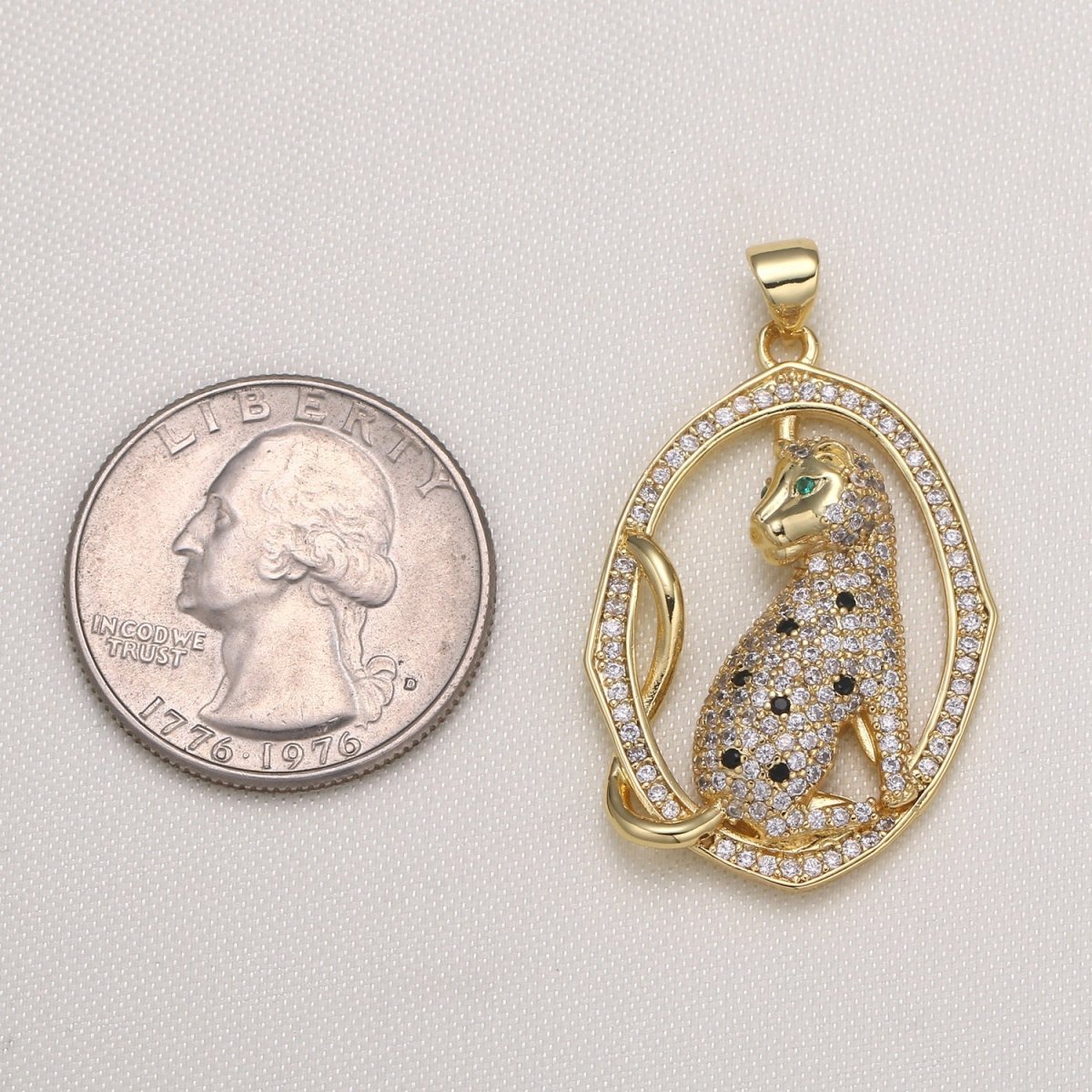 Majestic Lynx Cat in Gold Plated Oval Frame Charm CZ Ancient Symbol Animal Nature Micro Pave Charm Pendant GP-591 - DLUXCA