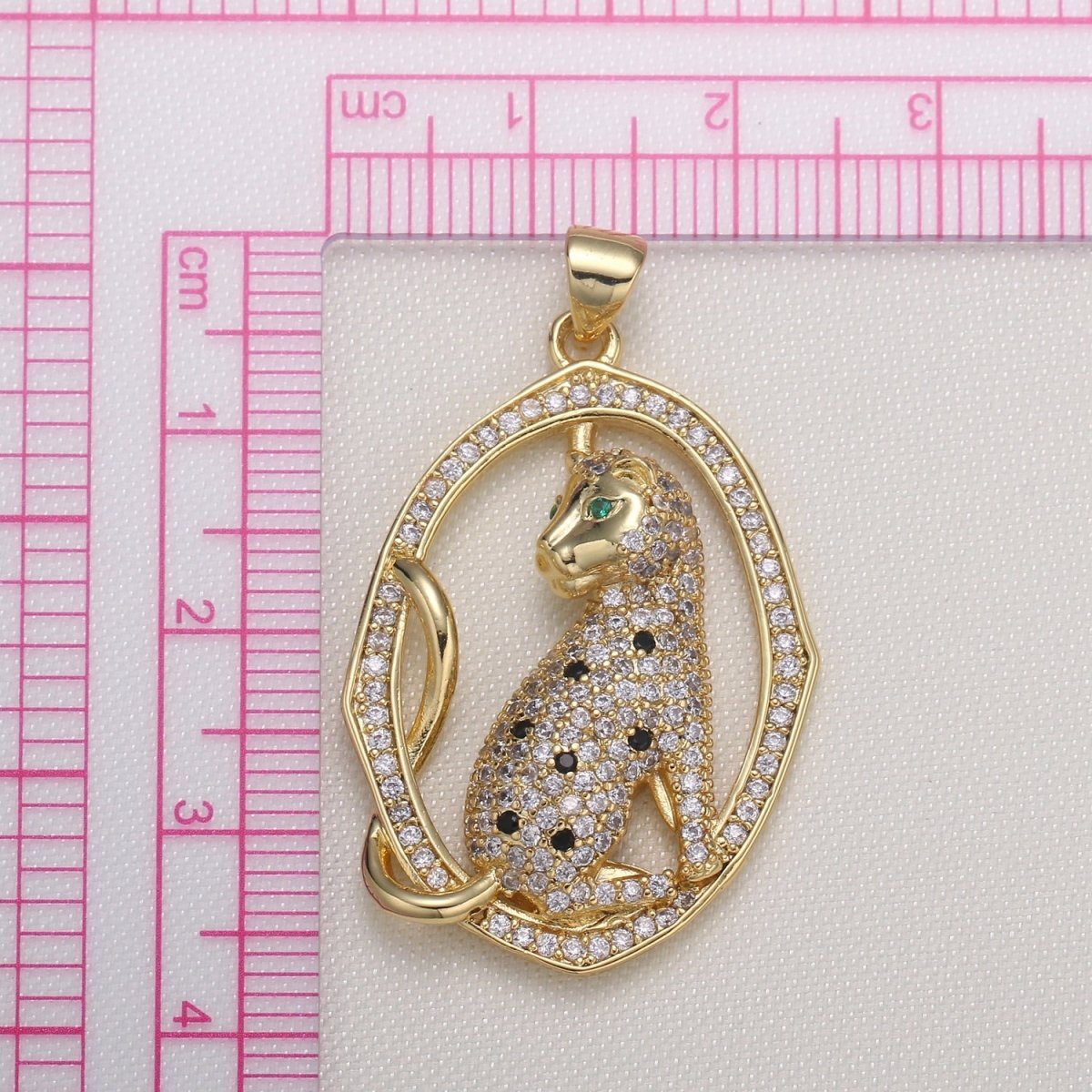 Majestic Lynx Cat in Gold Plated Oval Frame Charm CZ Ancient Symbol Animal Nature Micro Pave Charm Pendant GP-591 - DLUXCA