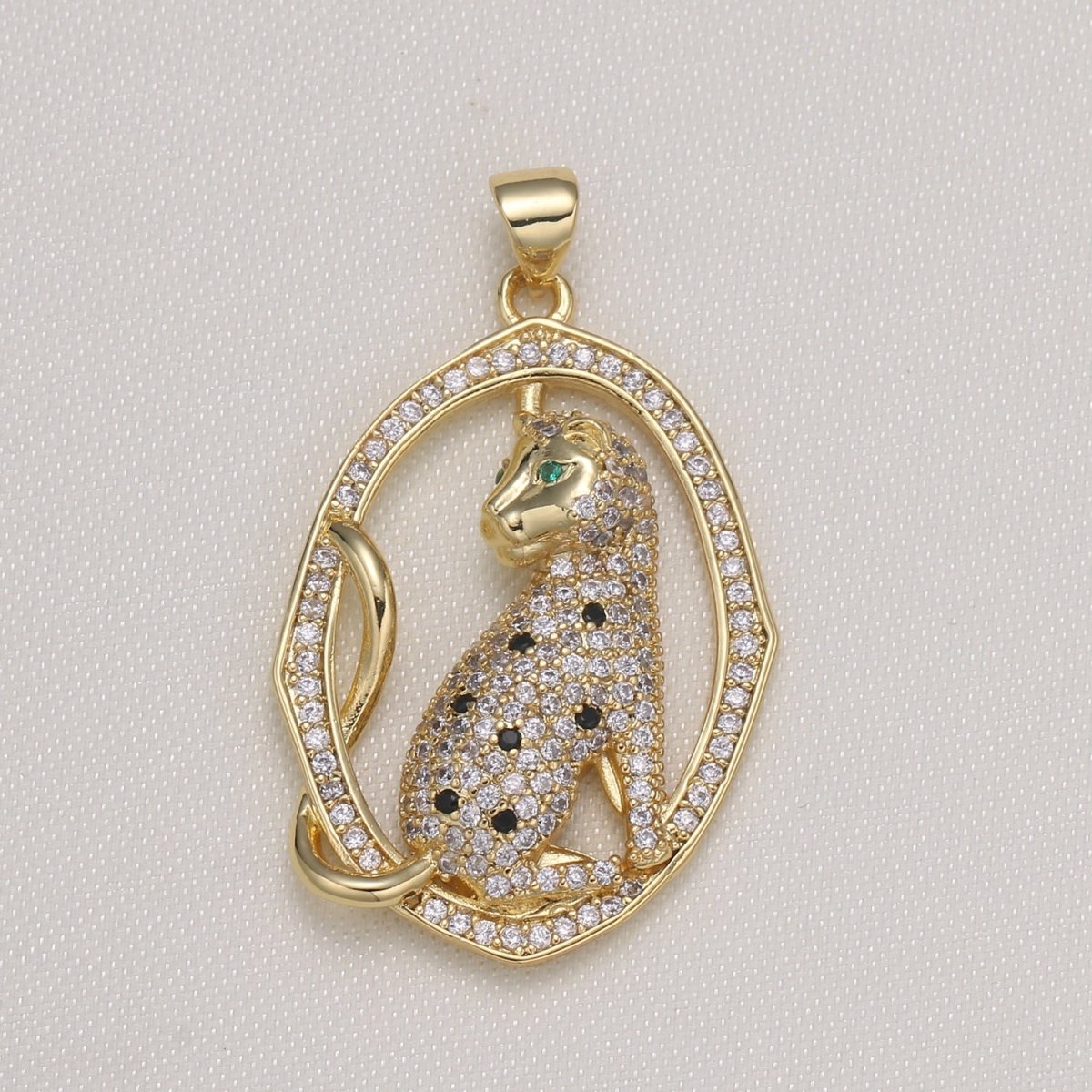 Majestic Lynx Cat in Gold Plated Oval Frame Charm CZ Ancient Symbol Animal Nature Micro Pave Charm Pendant GP-591 - DLUXCA