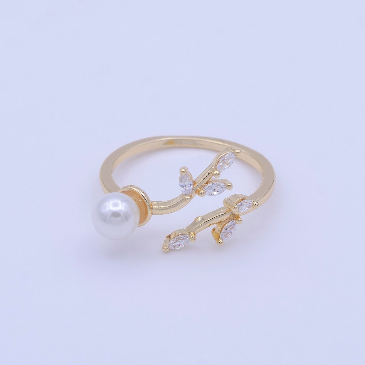 Marquise CZ Vine Leaves Round Pearl Adjustable Gold Ring | Y-425 - DLUXCA