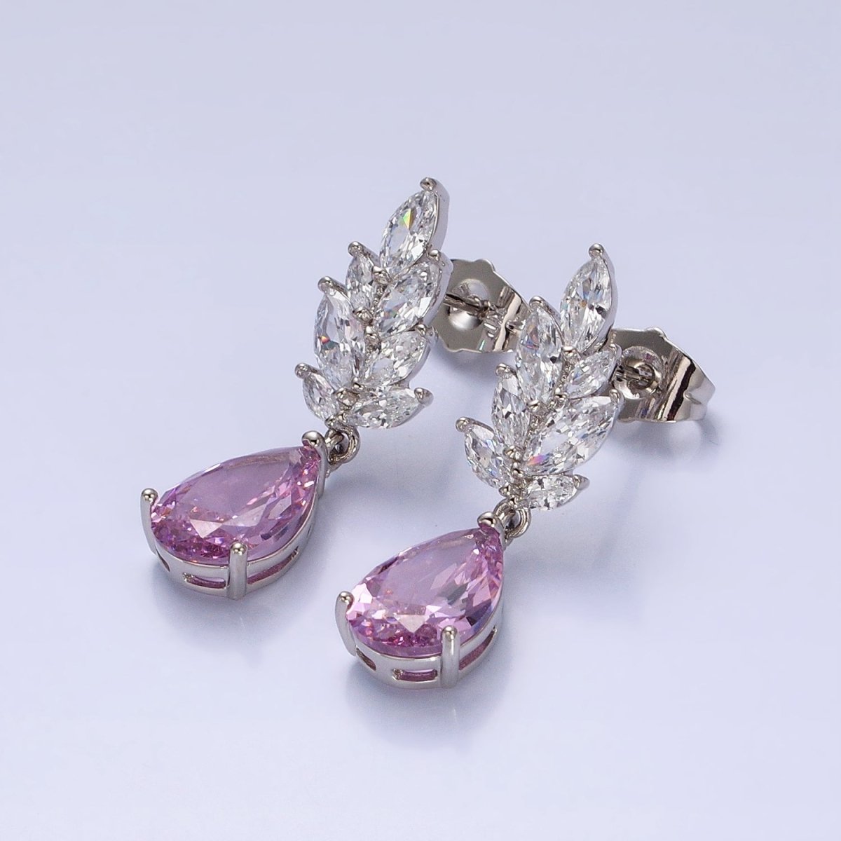 Marquise Leaf Stud Earrings with Pink Tear drop CZ Stone AB784 - DLUXCA