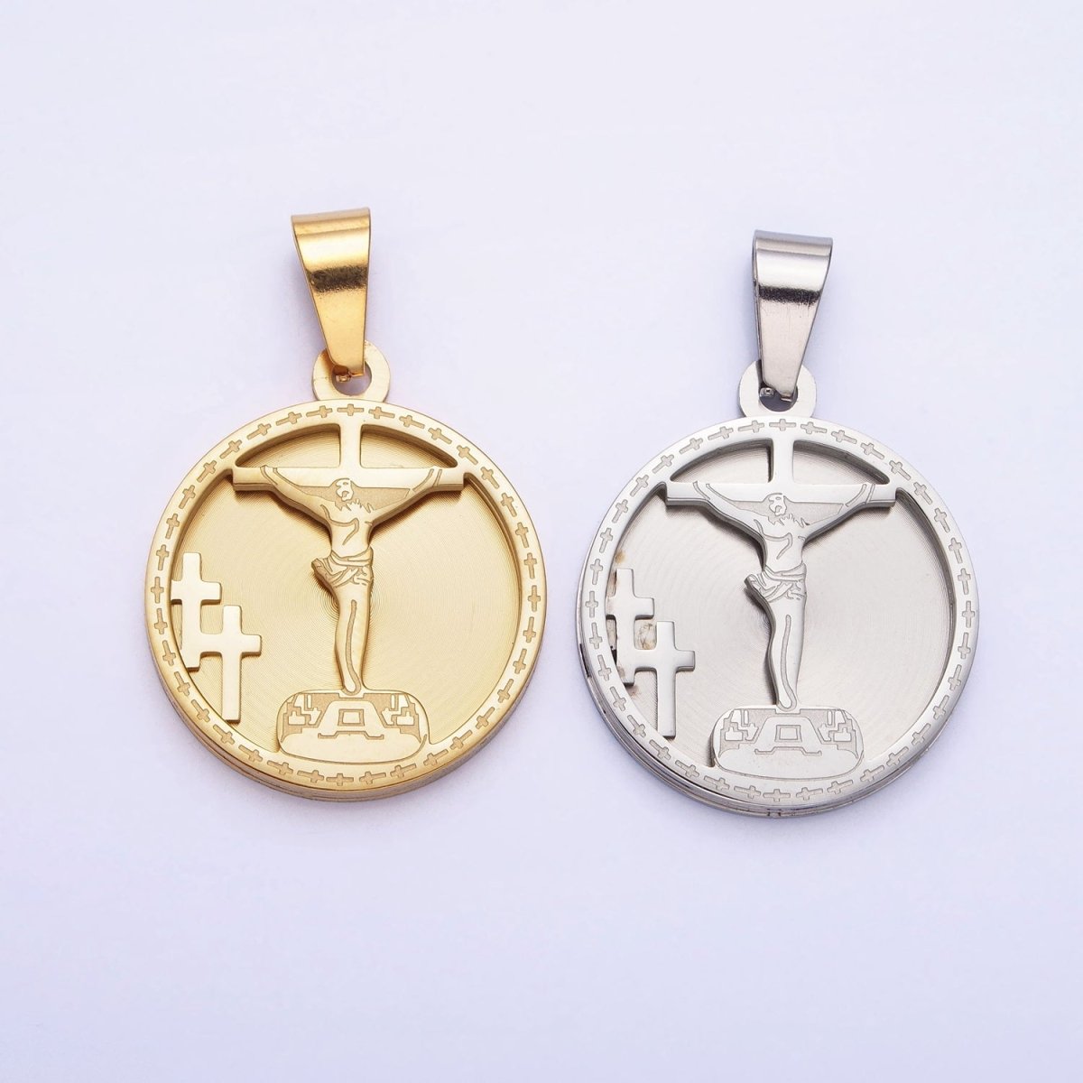 Medallion Gold Charm Stainless Steel Crucifix Cross Pendant in Gold Silver for Statement Religious Jewelry Making | P-1165 - DLUXCA