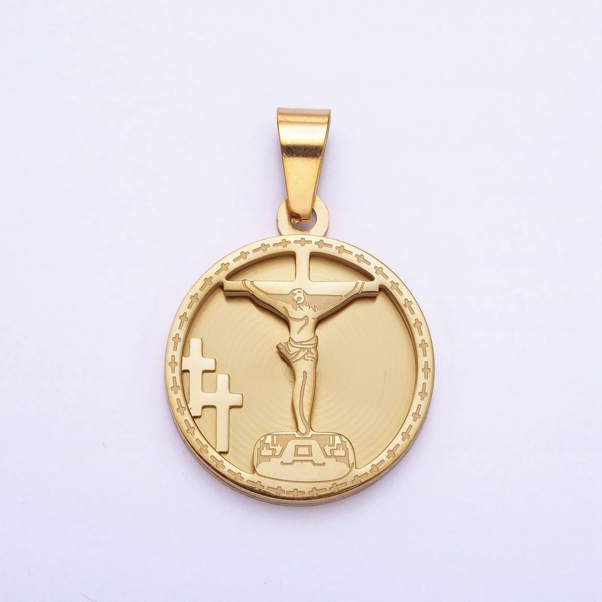 Medallion Gold Charm Stainless Steel Crucifix Cross Pendant in Gold Silver for Statement Religious Jewelry Making | P-1165 - DLUXCA