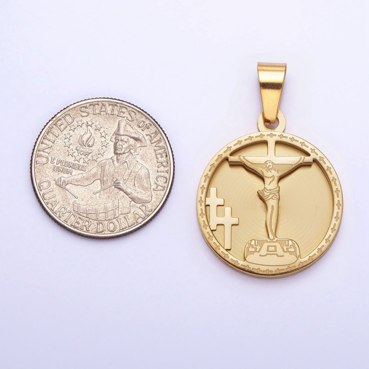 Medallion Gold Charm Stainless Steel Crucifix Cross Pendant in Gold Silver for Statement Religious Jewelry Making | P-1165 - DLUXCA