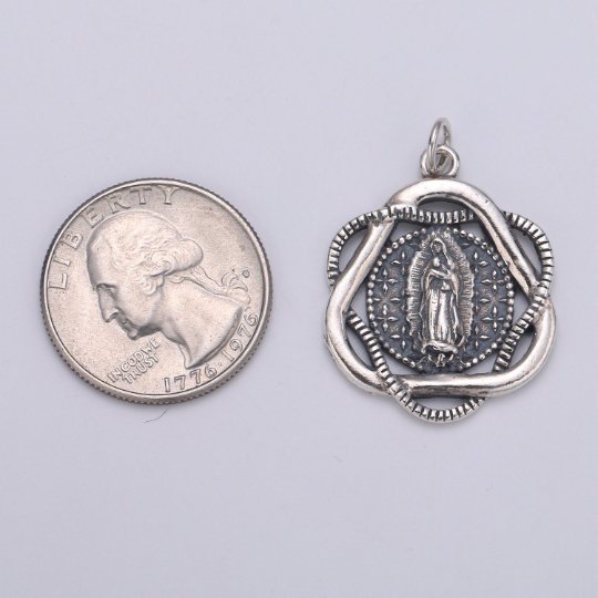 Medallion Pendant 925 Sterling Silver Virgin Mary Charm, Round Disc Charm Religious Charm for Necklace Bracelet Earring, Mother Mariah Charm, SL-HJ-68 - DLUXCA