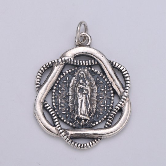 Medallion Pendant 925 Sterling Silver Virgin Mary Charm, Round Disc Charm Religious Charm for Necklace Bracelet Earring, Mother Mariah Charm, SL-HJ-68 - DLUXCA