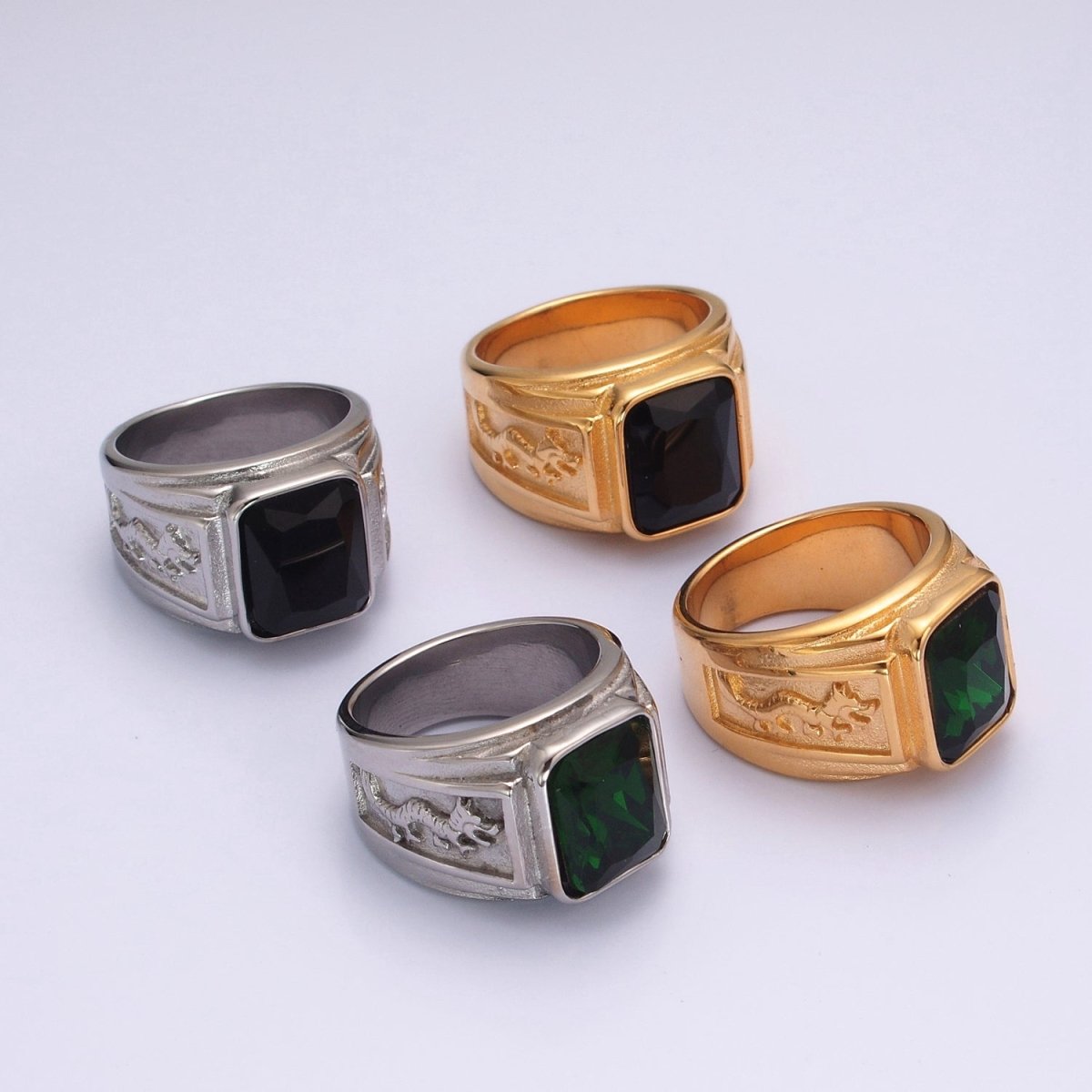 Men Signet Ring, Stainless Steel Midi Rings for Men Dragon Rings Silver Black Stone O-806~O-813 - DLUXCA