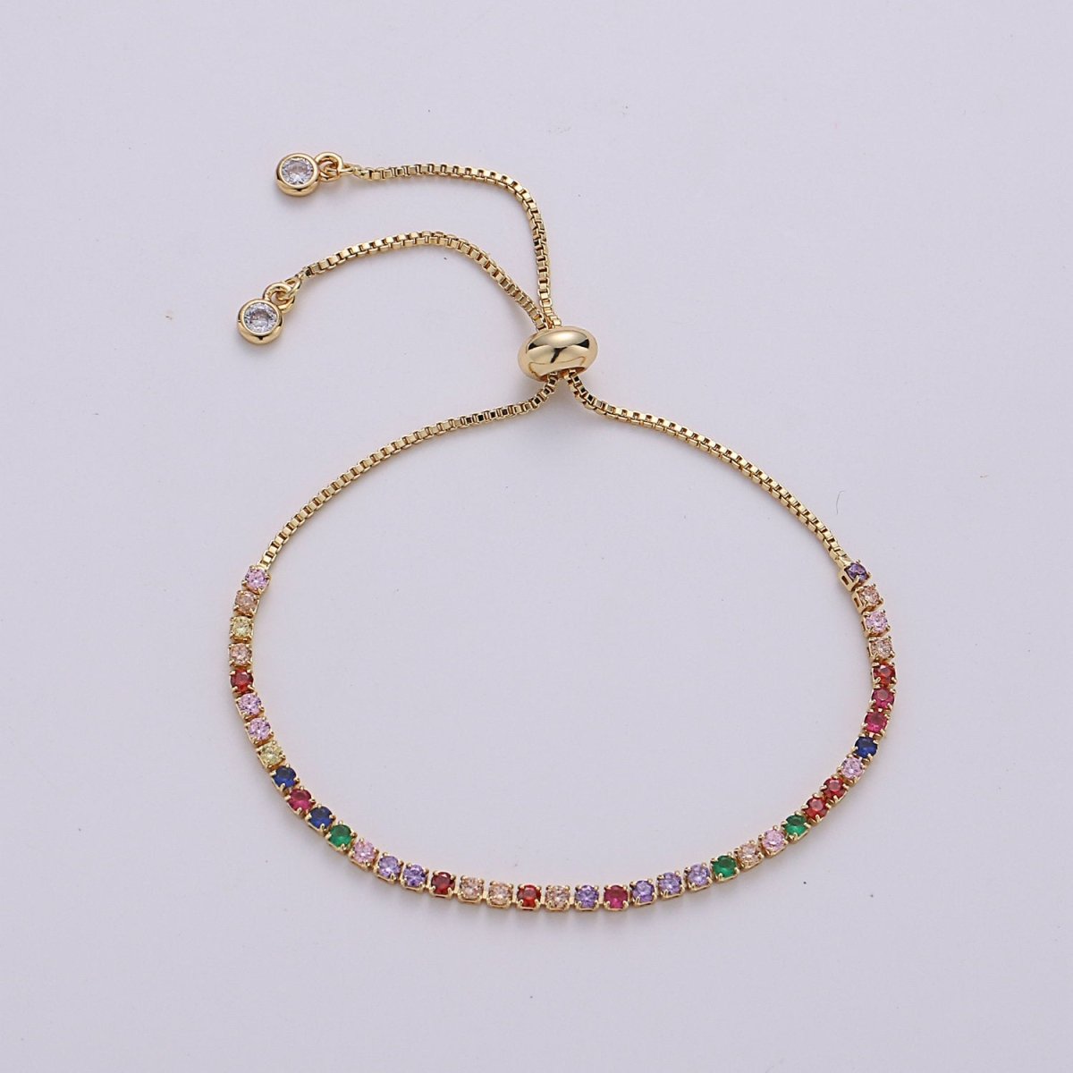 Micro Pave Adjustable Bracelet, Rainbow Clear CZ Cubic Bracelet Gold tennis bracelet in 14k Gold Filled Chain | K-546 K-547 - DLUXCA