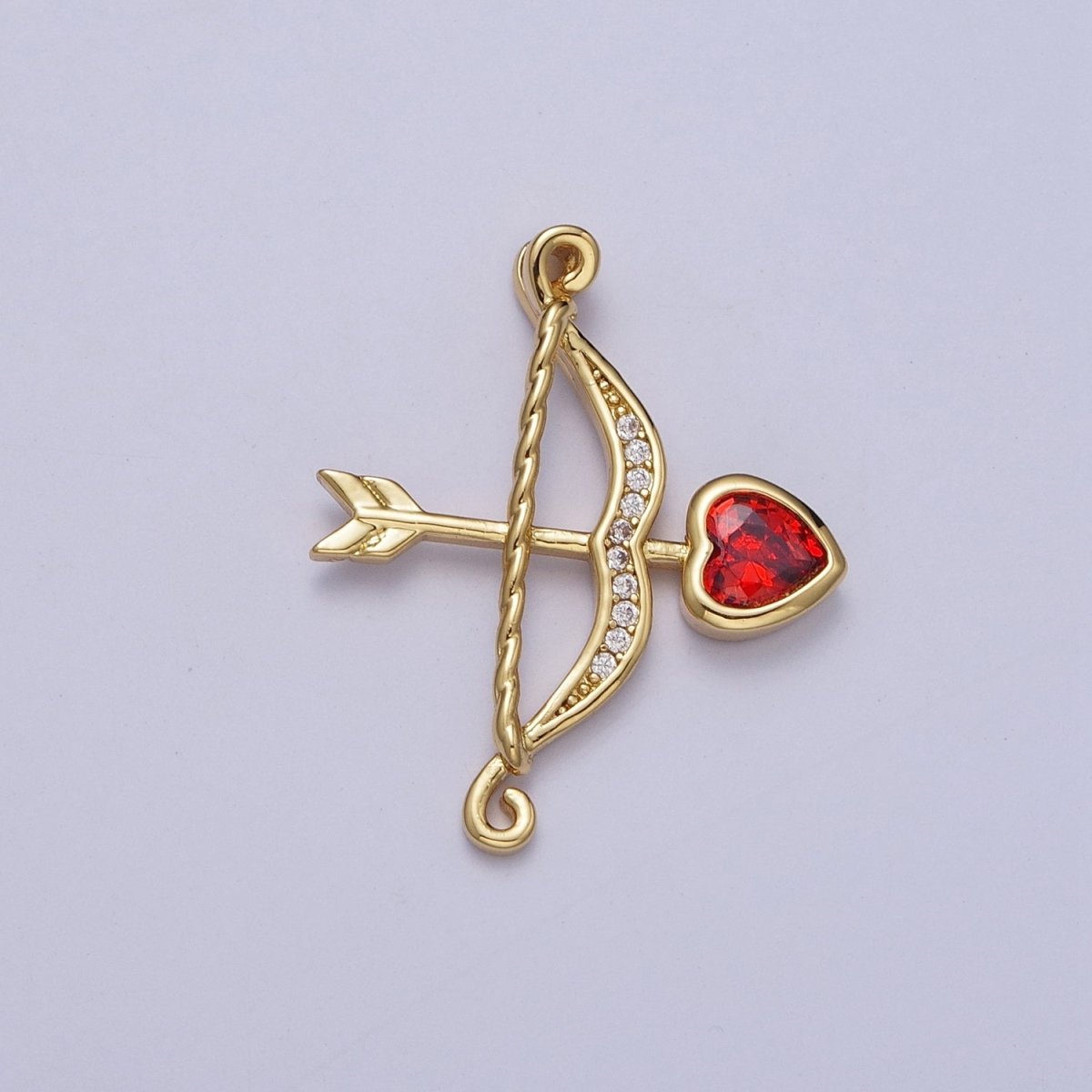 Micro Pave Archery Bow & Arrow with Red Heart Cubic Zirconia Gold Charm For Jewelry Making AG-133 - DLUXCA