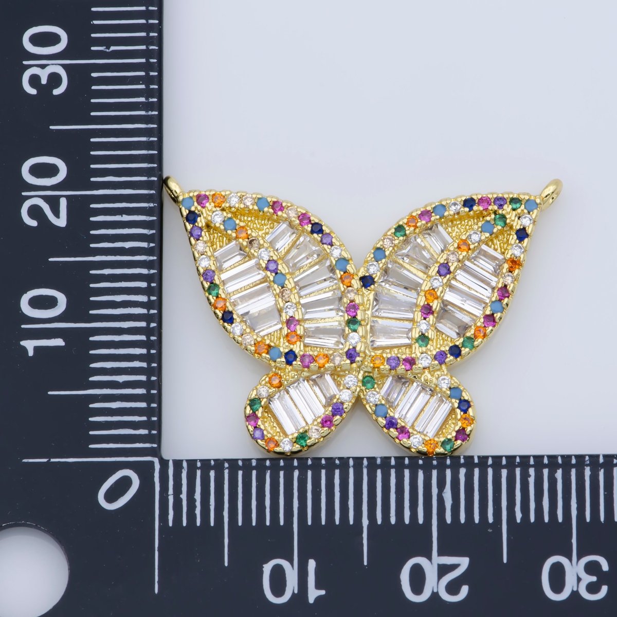 Micro Pave Butterfly Connectors, Clear and Rainbow Baguette Pave Double Loop Pendants, Gold Butterflies Charm Links Necklace Bracelet Supply F-381 - DLUXCA