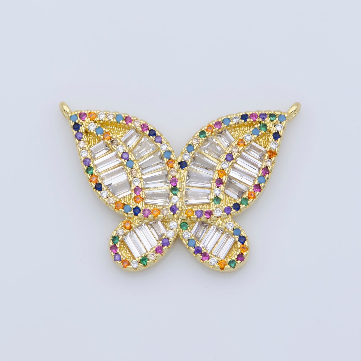 Micro Pave Butterfly Connectors, Clear and Rainbow Baguette Pave Double Loop Pendants, Gold Butterflies Charm Links Necklace Bracelet Supply F-381 - DLUXCA
