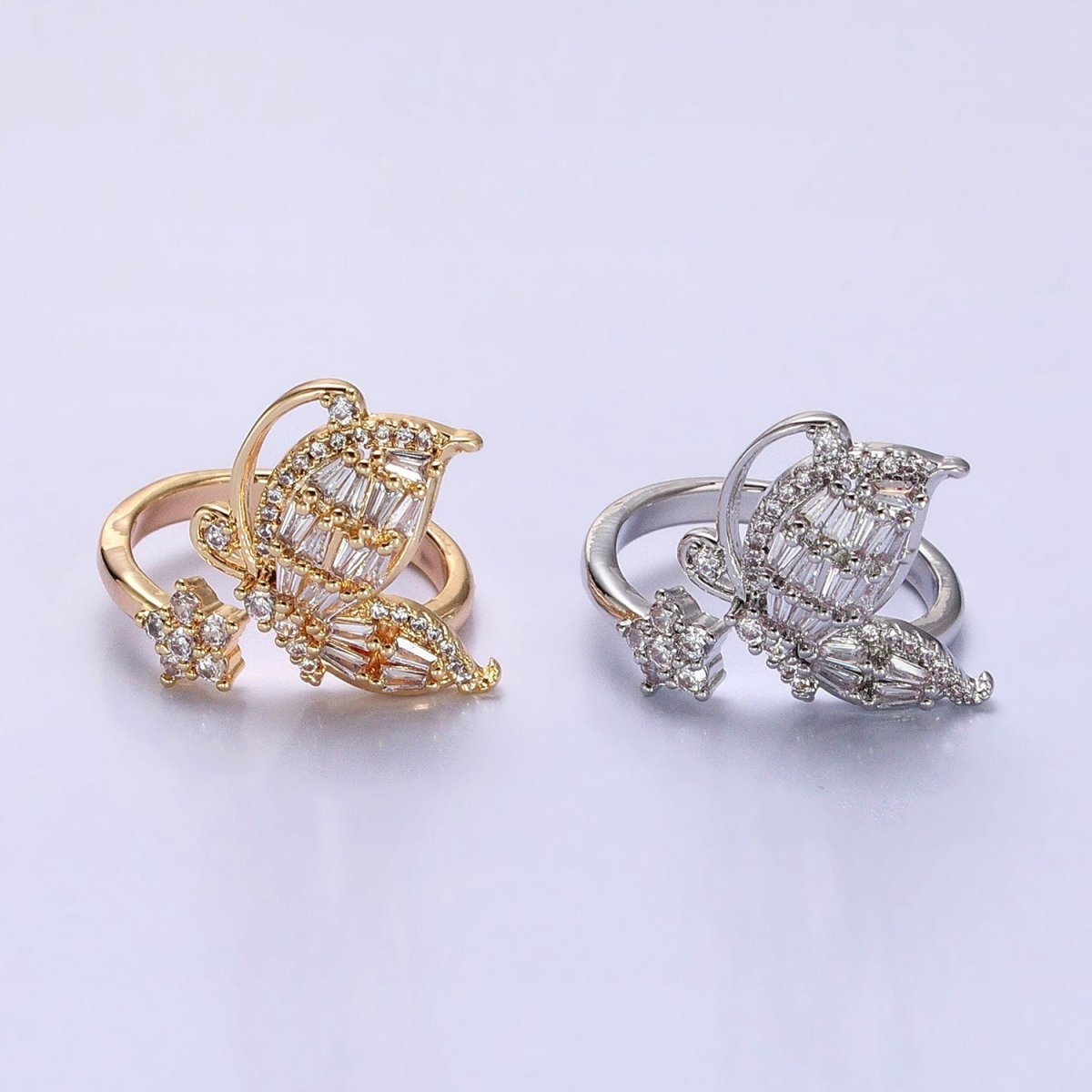 Micro Pave Butterfly Rings, Designer Baguette Mariposa Ring Open Adjustable R-099 R-117 - DLUXCA