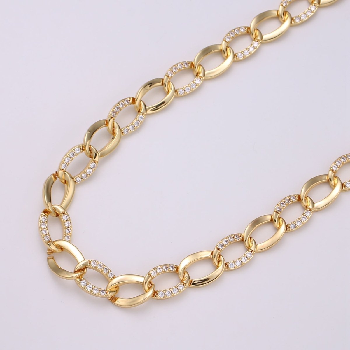 Micro Pave Chain, 24K Gold Filled Curb Chain Thick CZ Chain By Yard, 15.2X10.4mm For Bracelet Necklace Making Supply | ROLL-378 (O-073) Clearance Pricing - DLUXCA