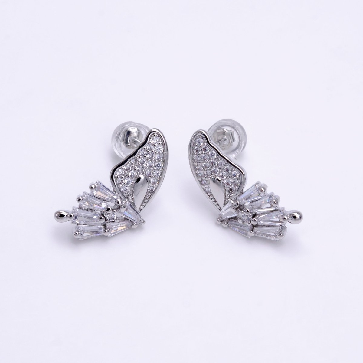 Micro Pave Clear CZ Butterfly Mariposa Baguette Silver Stud Earrings | AE-765 - DLUXCA