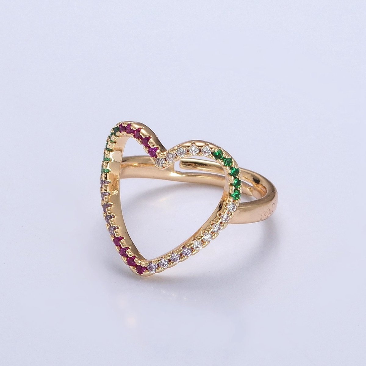 Micro Pave Clear Fuchsia Green Cubic Zirconia Heart Adjustable Gold Ring | O-479 - DLUXCA