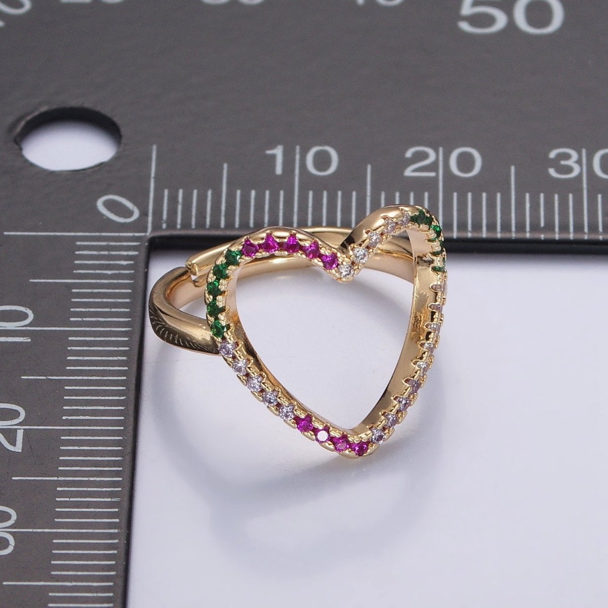 Micro Pave Clear Fuchsia Green Cubic Zirconia Heart Adjustable Gold Ring | O-479 - DLUXCA
