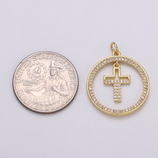 Micro Pave Cross Charm Coin Charm - 29x23mm, 14K Gold Filled CZ Dangle Charm Pendant, Cubic Zirconia, Gold Cross Pendant, Religious Jewelry, E-158 - DLUXCA