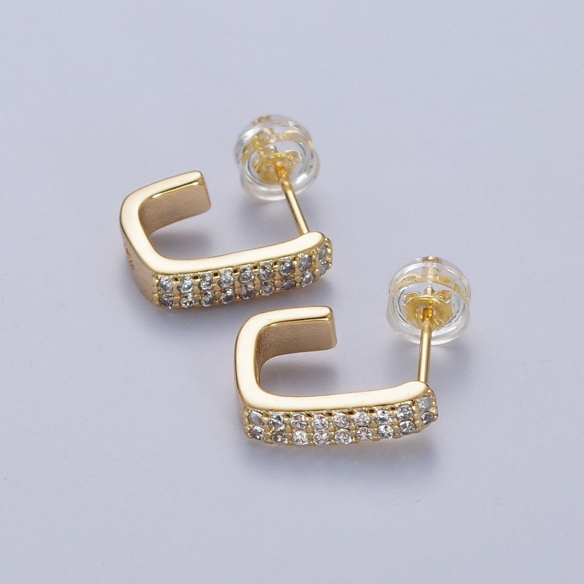 Micro Pave Cubic Zirconia Boxy J Shaped Open Hoop Stud Earrings | X-832 - DLUXCA