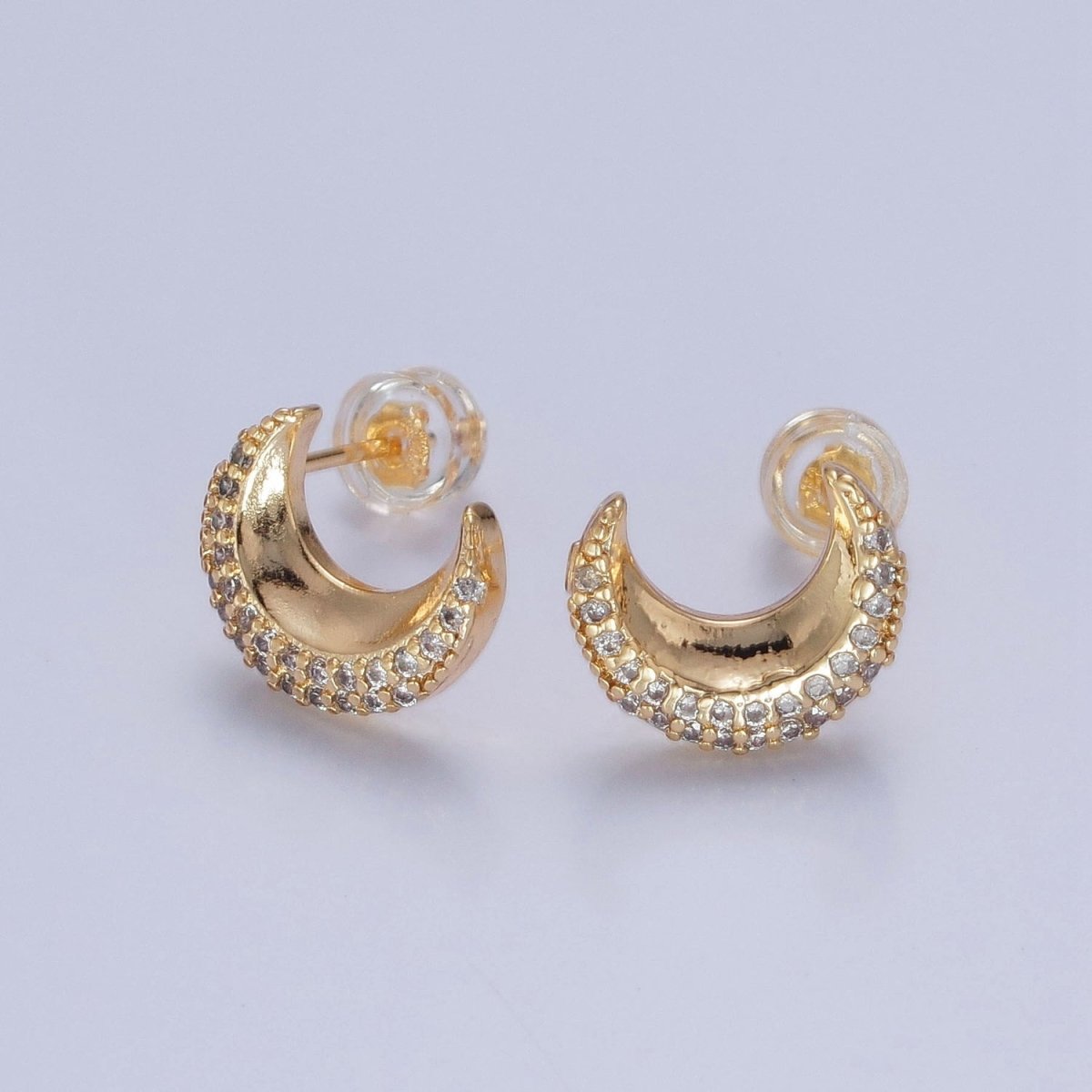 Micro Pave Cubic Zirconia Gold Celestial Crescent Moon Stud Earrings P-326 - DLUXCA