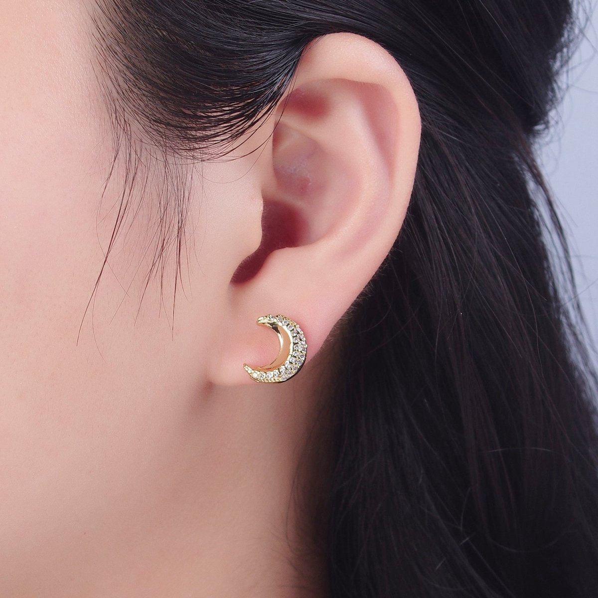 Micro Pave Cubic Zirconia Gold Celestial Crescent Moon Stud Earrings P-326 - DLUXCA