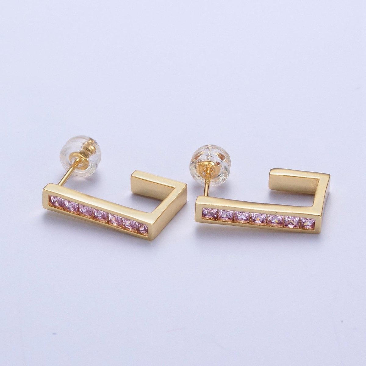 Micro Pave Cubic Zirconia Gold J Shaped Block Square Hoop Stud Earrings | X-868-X-875 - DLUXCA