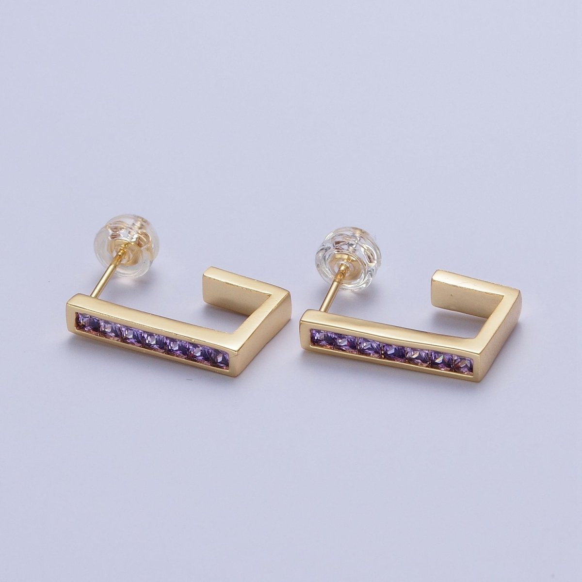 Micro Pave Cubic Zirconia Gold J Shaped Block Square Hoop Stud Earrings | X-868-X-875 - DLUXCA