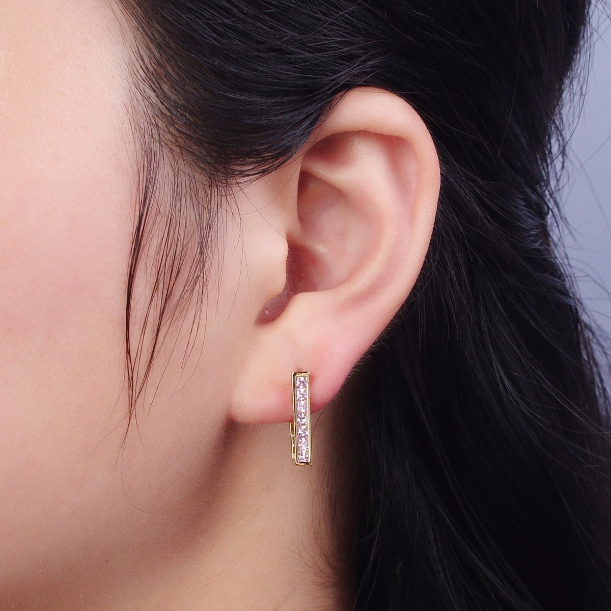 Micro Pave Cubic Zirconia Gold J Shaped Block Square Hoop Stud Earrings | X-868-X-875 - DLUXCA