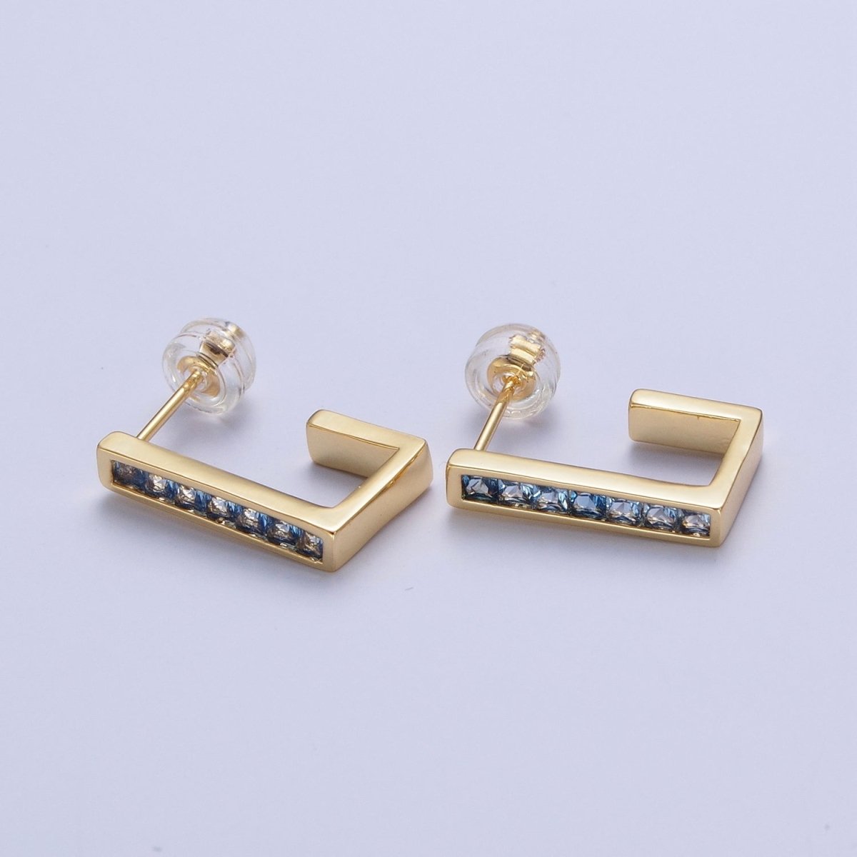 Micro Pave Cubic Zirconia Gold J Shaped Block Square Hoop Stud Earrings | X-868-X-875 - DLUXCA