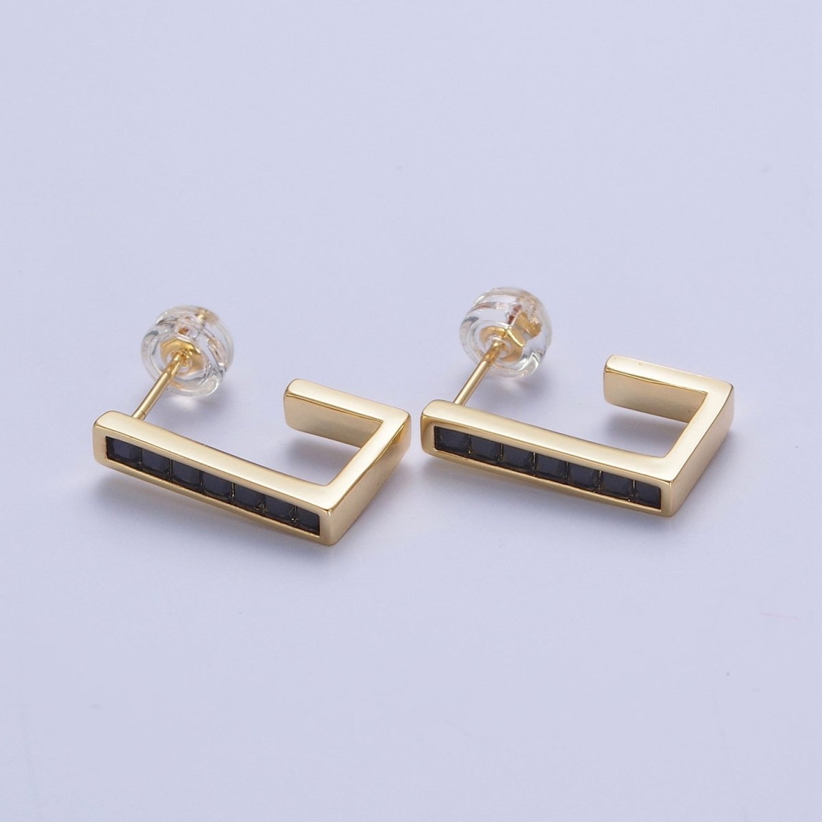 Micro Pave Cubic Zirconia Gold J Shaped Block Square Hoop Stud Earrings | X-868-X-875 - DLUXCA