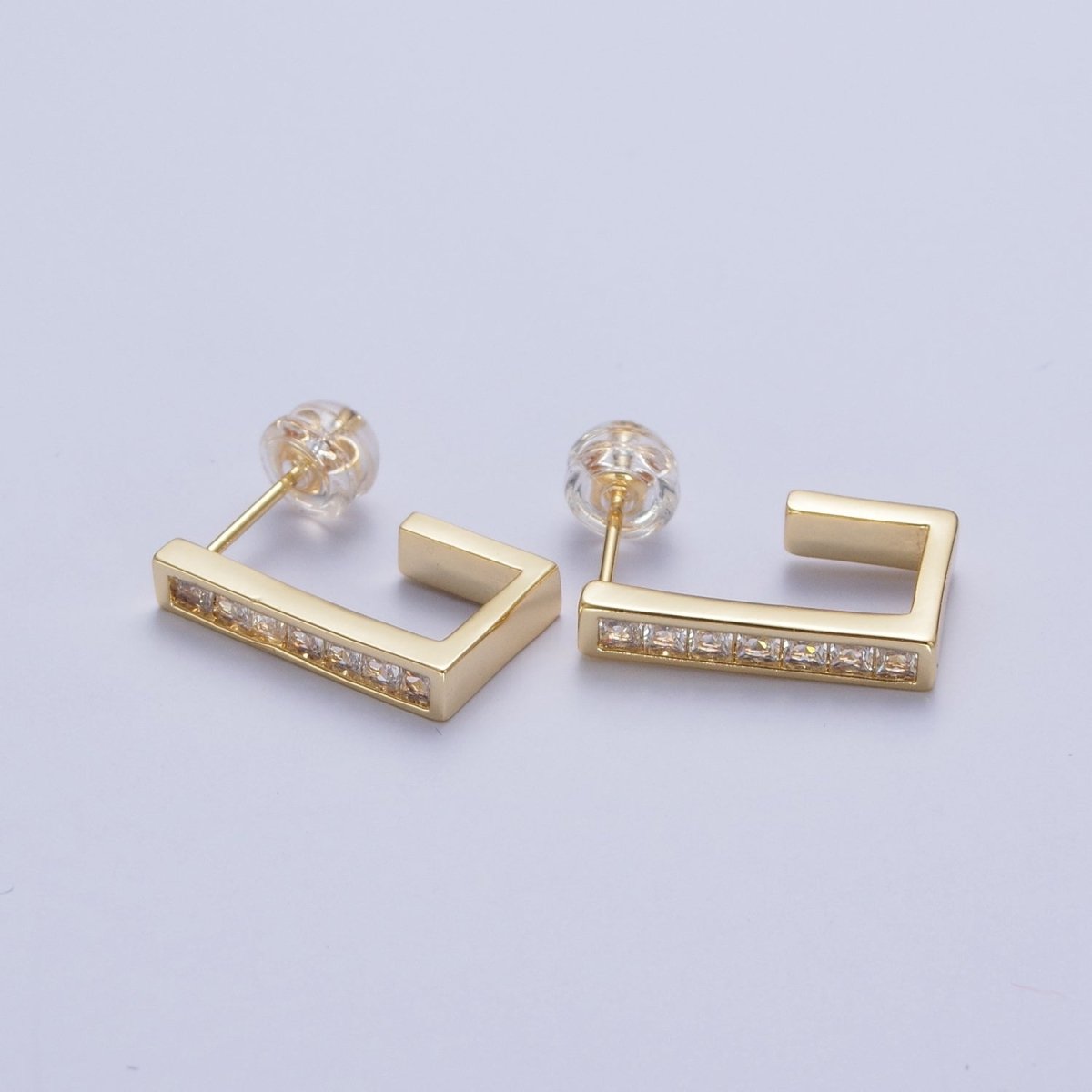 Micro Pave Cubic Zirconia Gold J Shaped Block Square Hoop Stud Earrings | X-868-X-875 - DLUXCA