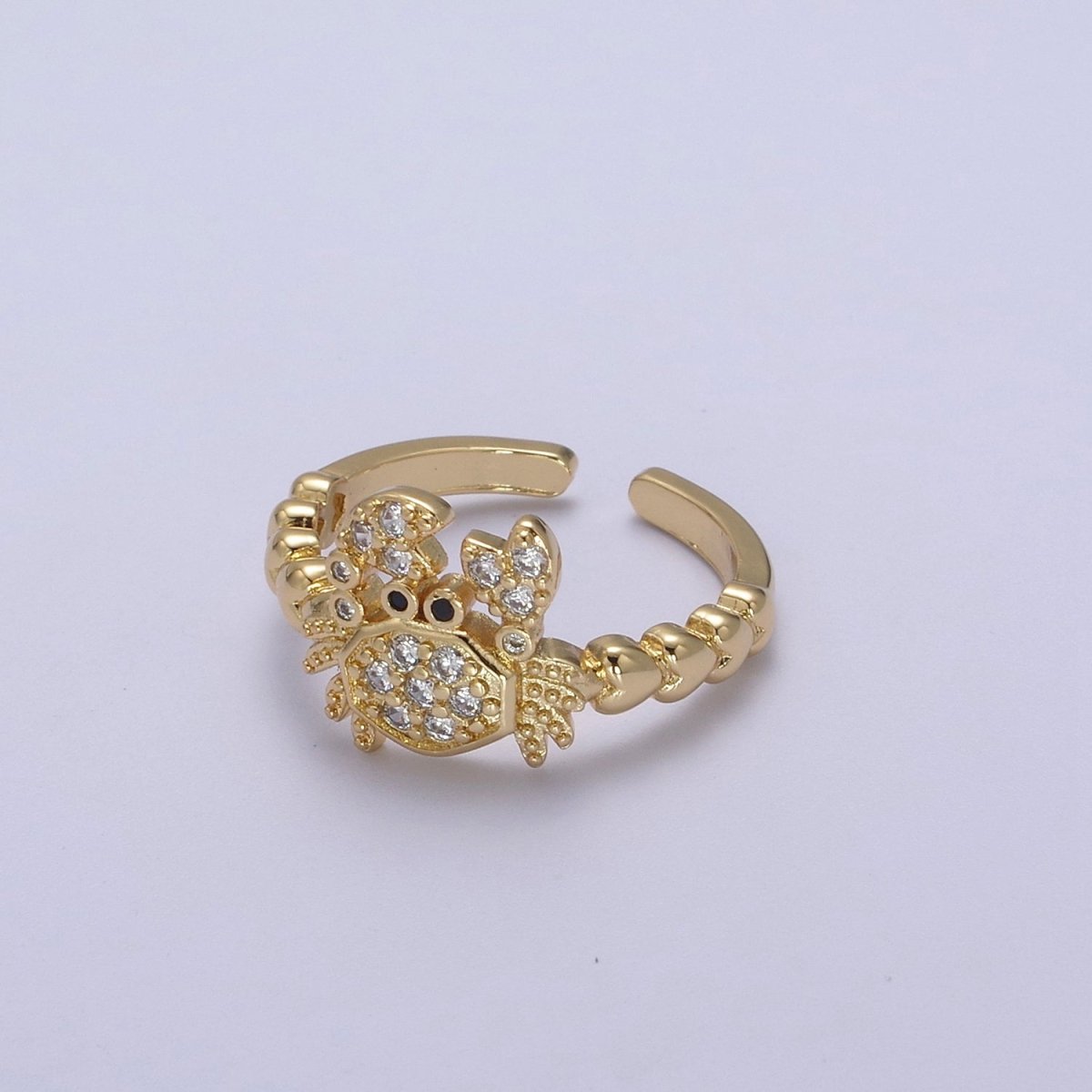 Micro Pave Cute Crab Ring, Heart Textured Gold Adjustable Band Ring, 24K Gold Filled Nature Ocean Wildlife Under The Sea Ring U-440 - DLUXCA